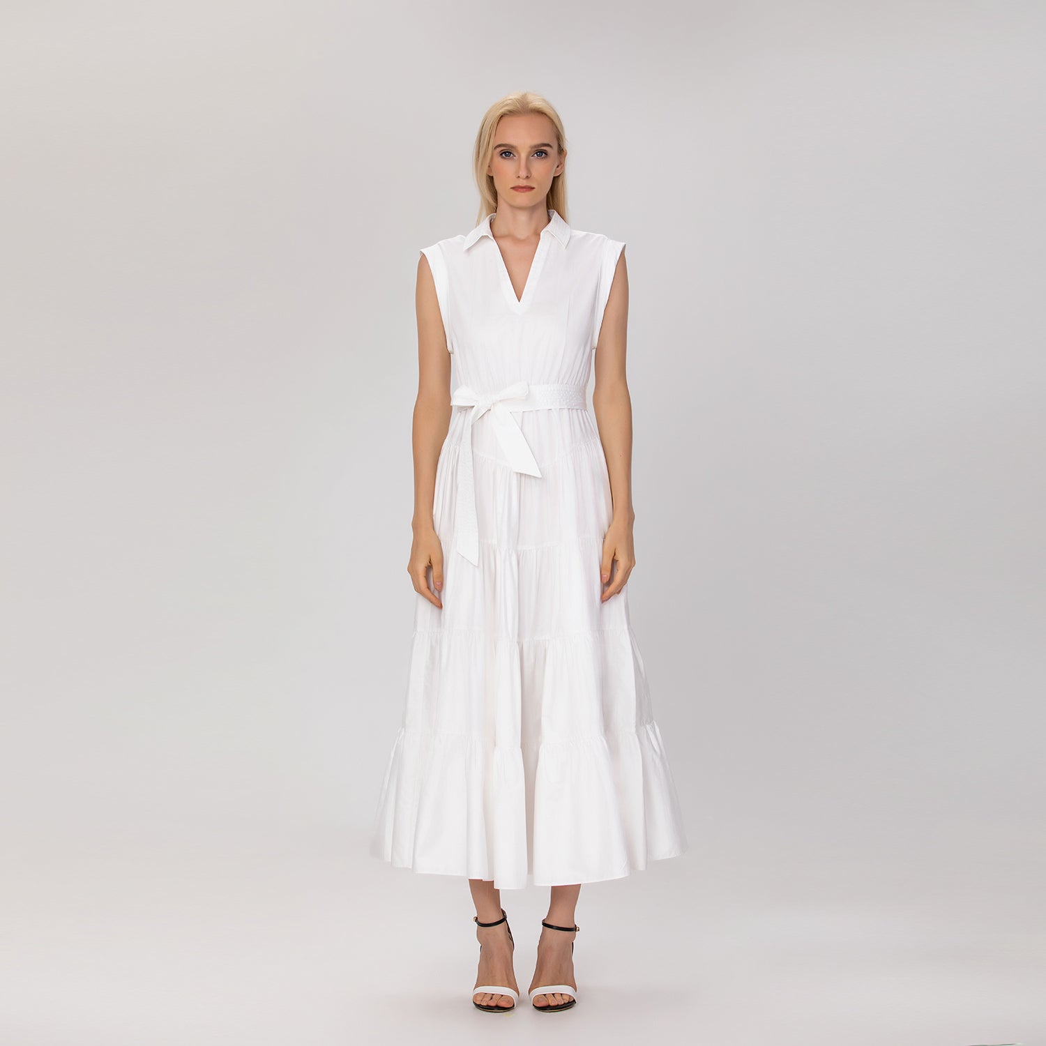 Robe longue évasée en coton imprimé avec ceinture