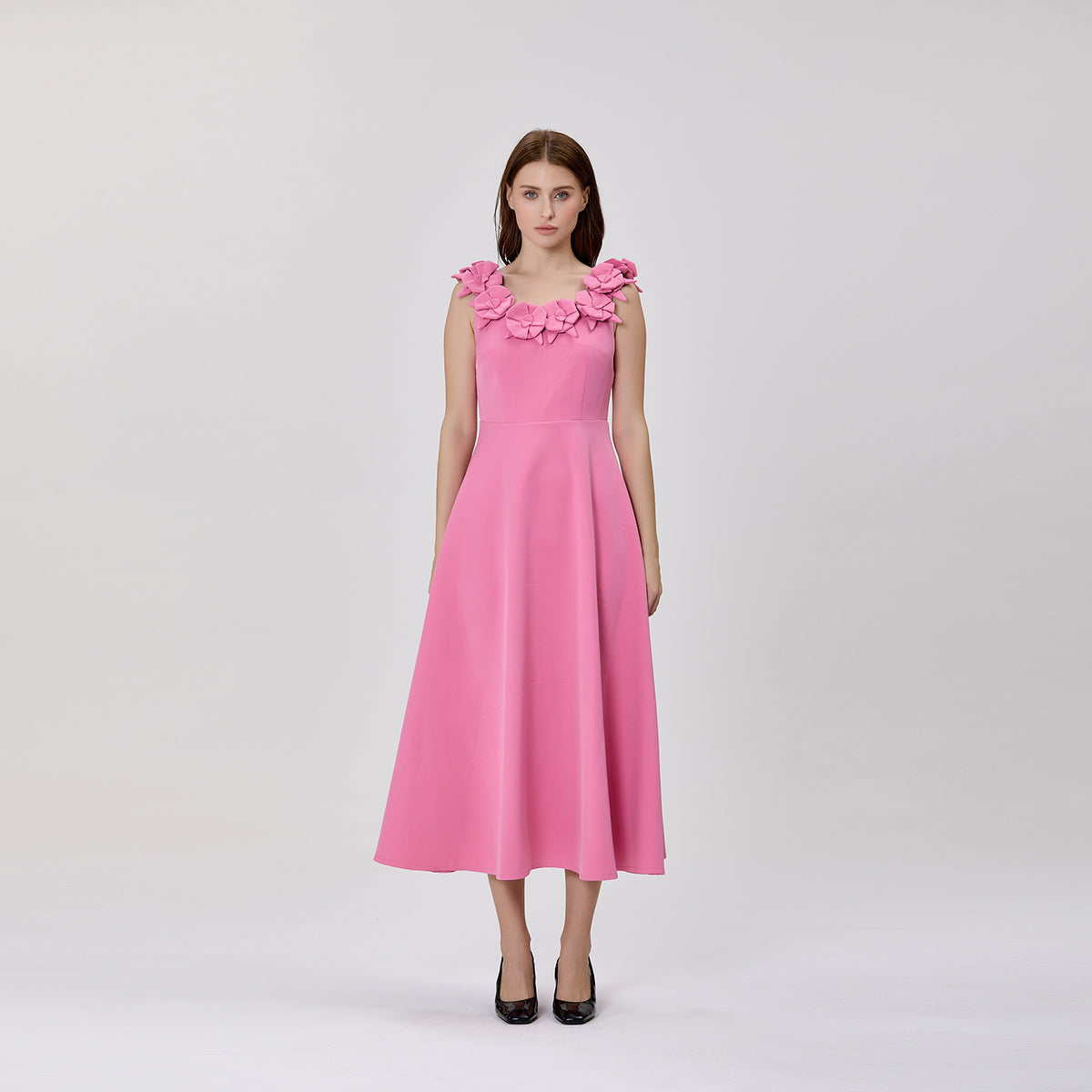 Floral-Appliqué Button-Front Dress