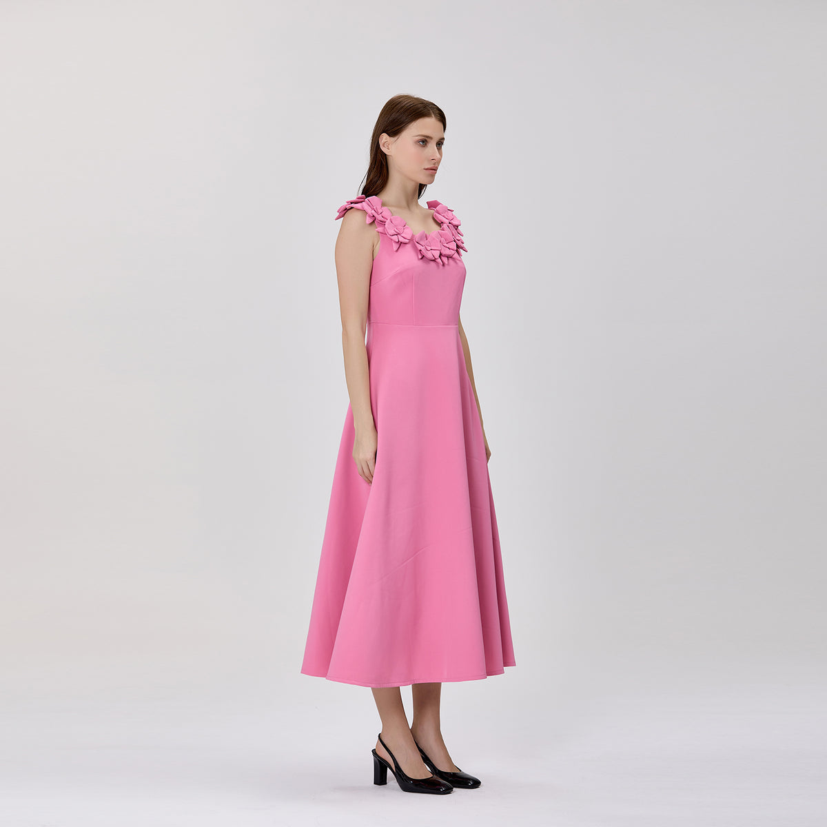 Floral-Appliqué Button-Front Dress
