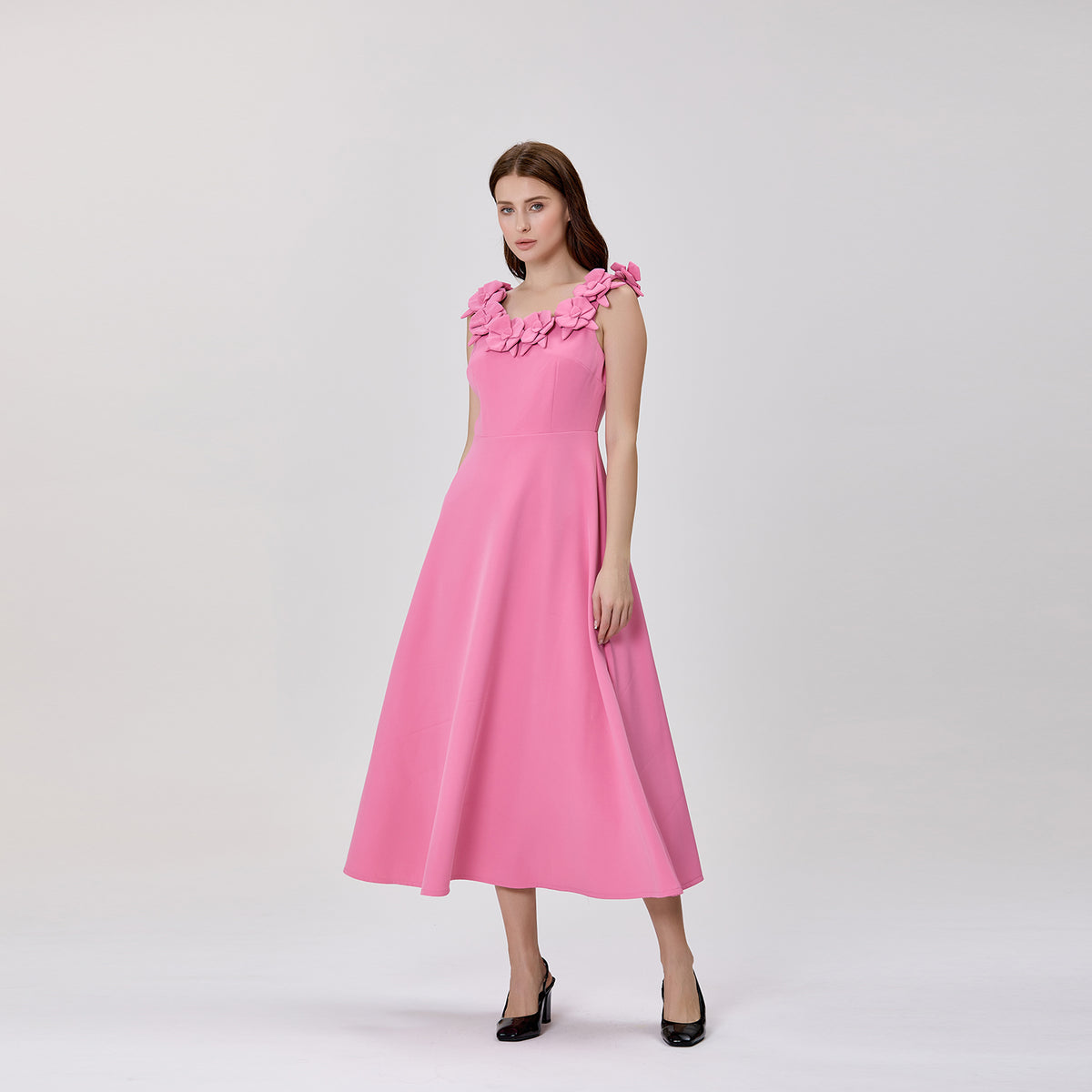 Floral-Appliqué Button-Front Dress