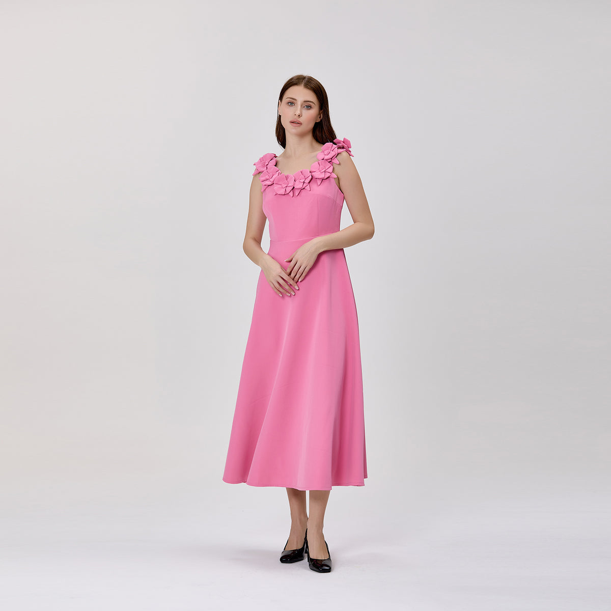 Floral-Appliqué Button-Front Dress