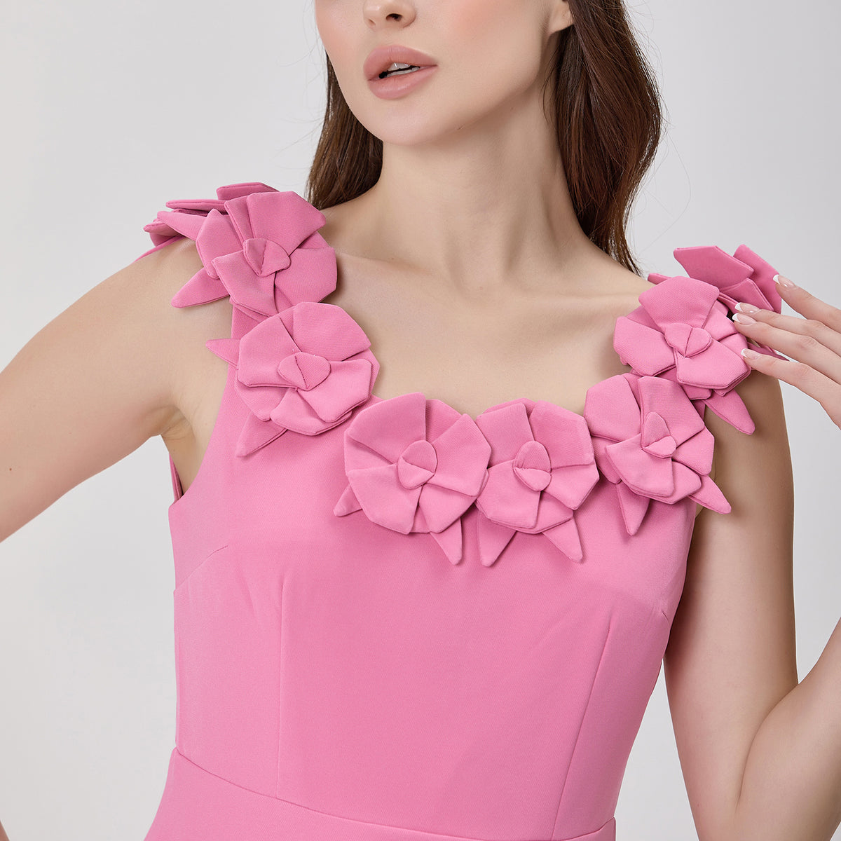 Floral-Appliqué Button-Front Dress