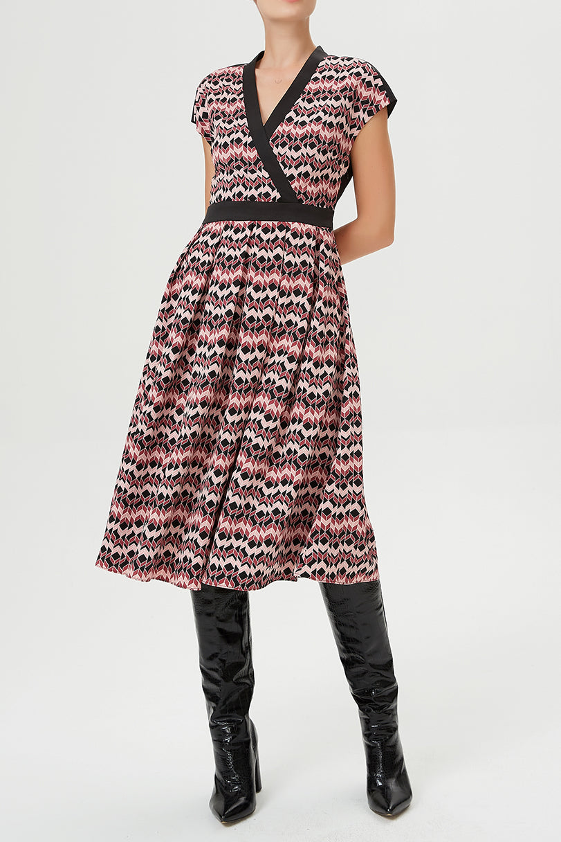 Robe patineuse cœur croisé bi-matières à imprimé géométrique