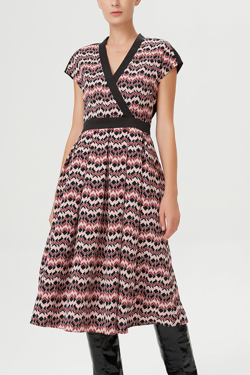 Robe patineuse cœur croisé bi-matières à imprimé géométrique