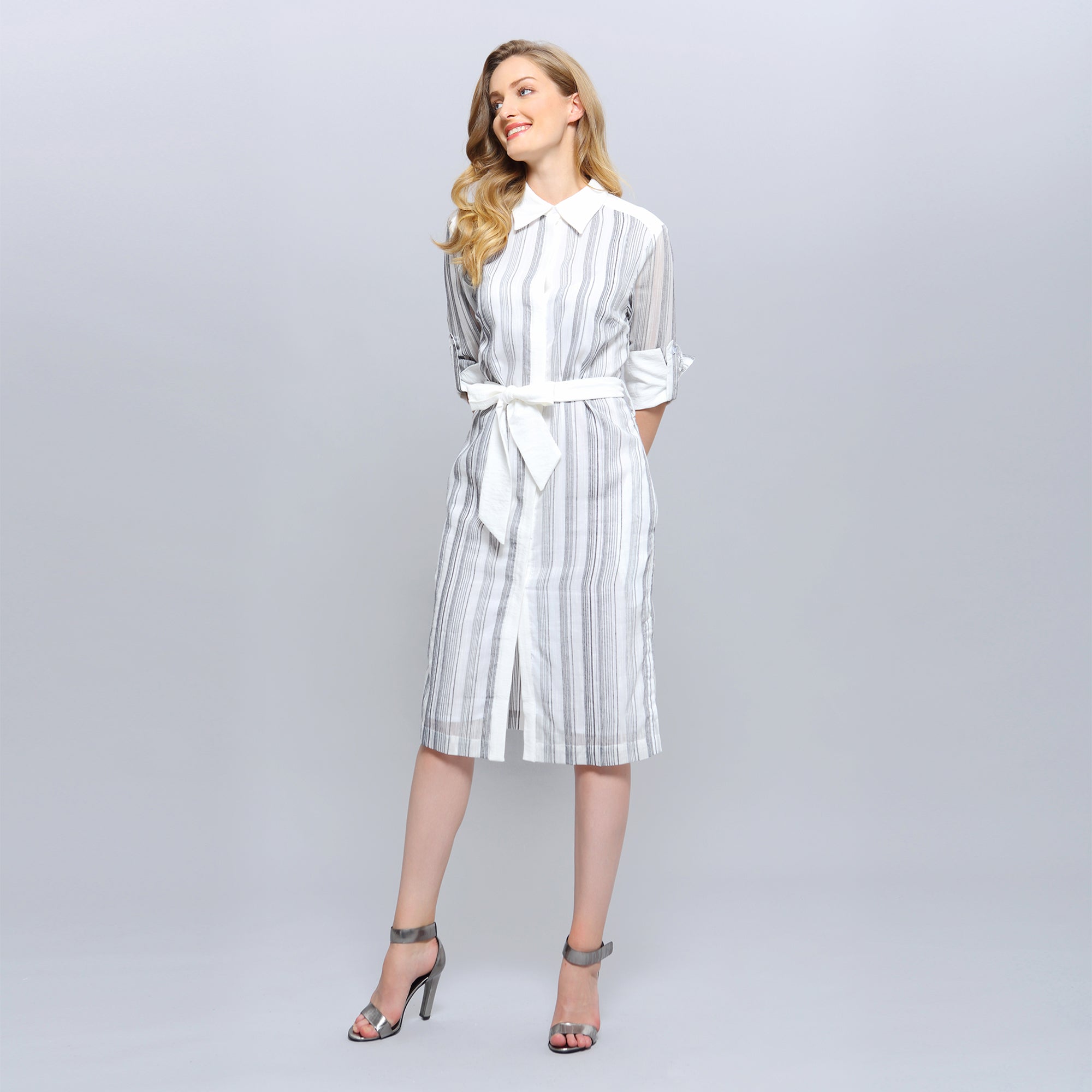 Robe-chemise à fine rayures bi-matière