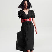 Robe longue trapèze à épaules volantées