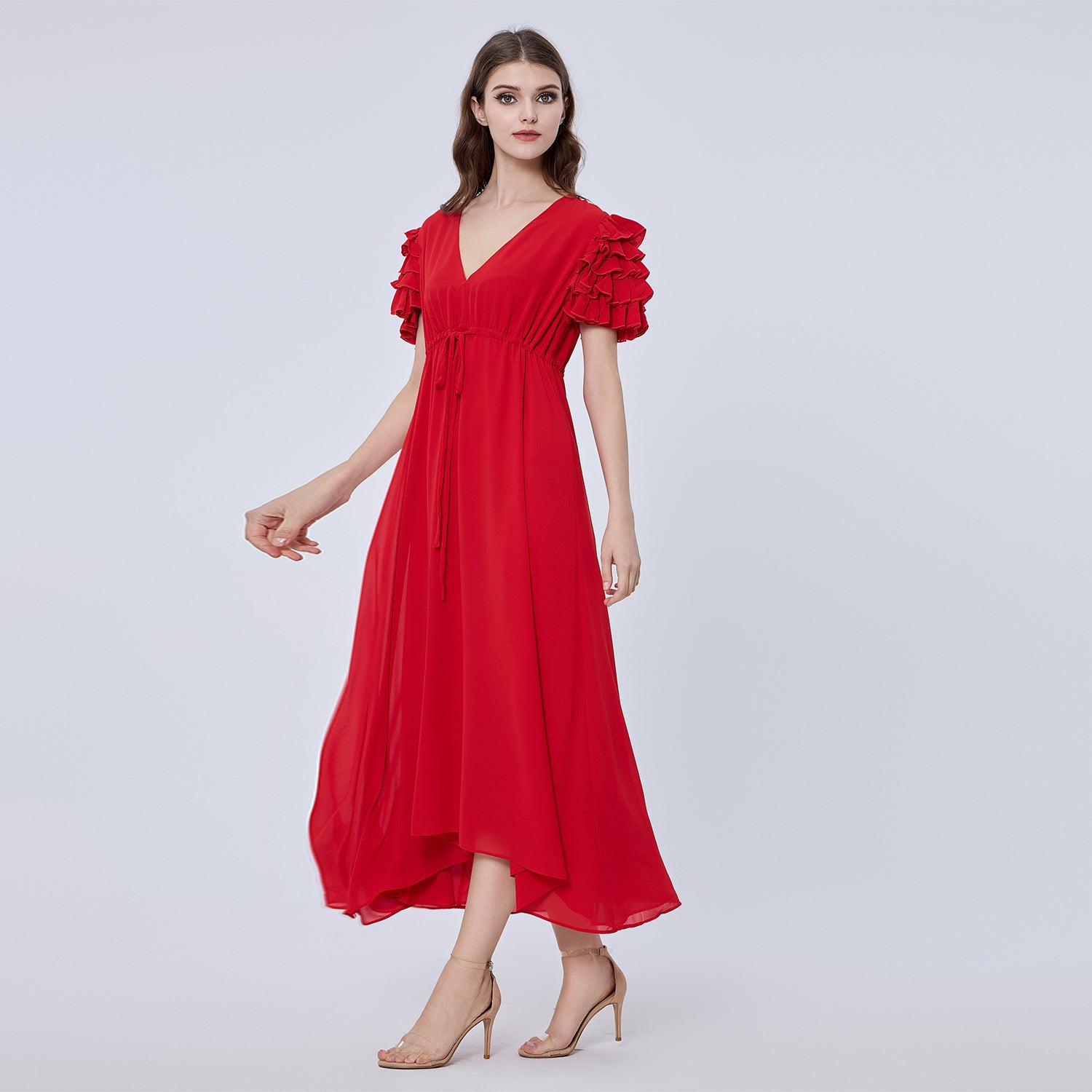Robe longue trapèze à épaules volantées