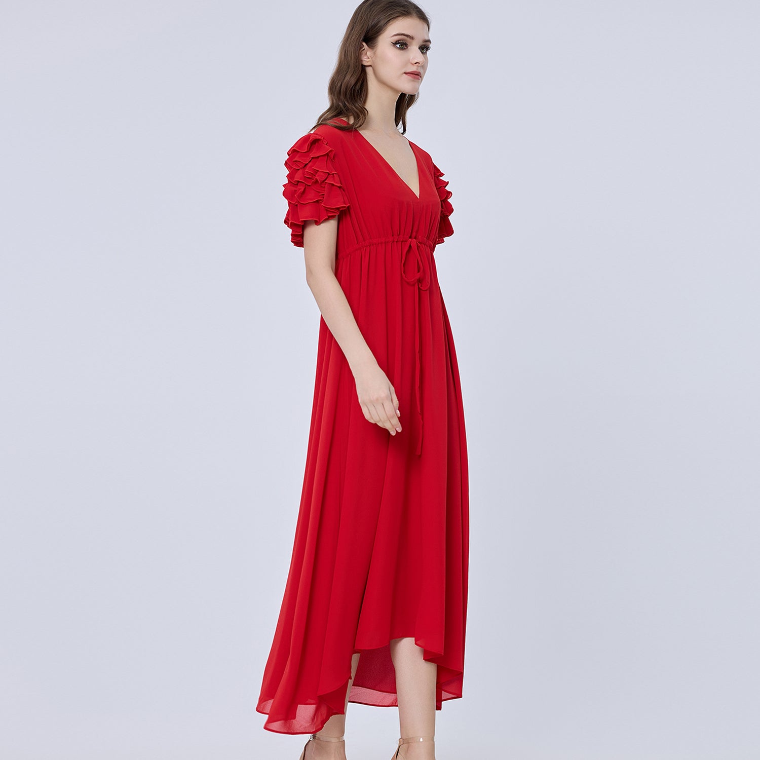 Robe longue trapèze à épaules volantées