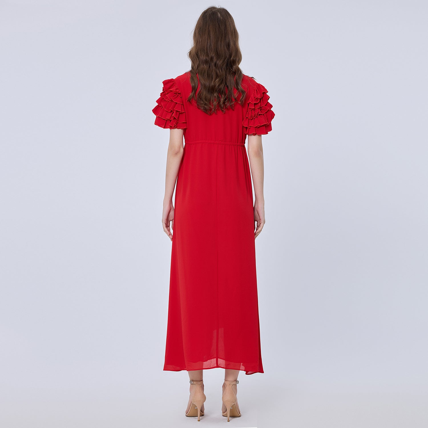 Robe longue trapèze à épaules volantées