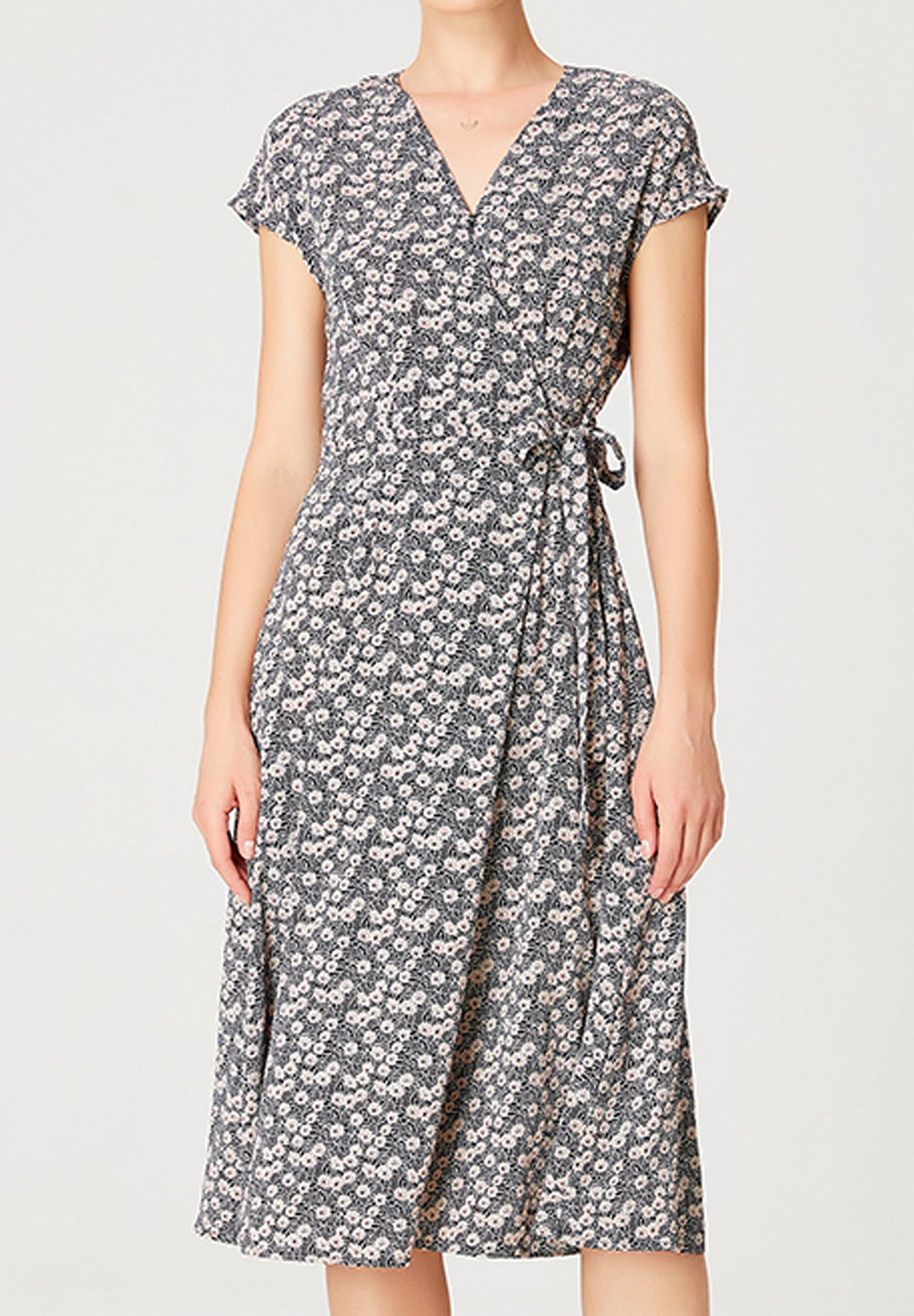 Robe portefeuille mi-longue à imprimé floral monochrome