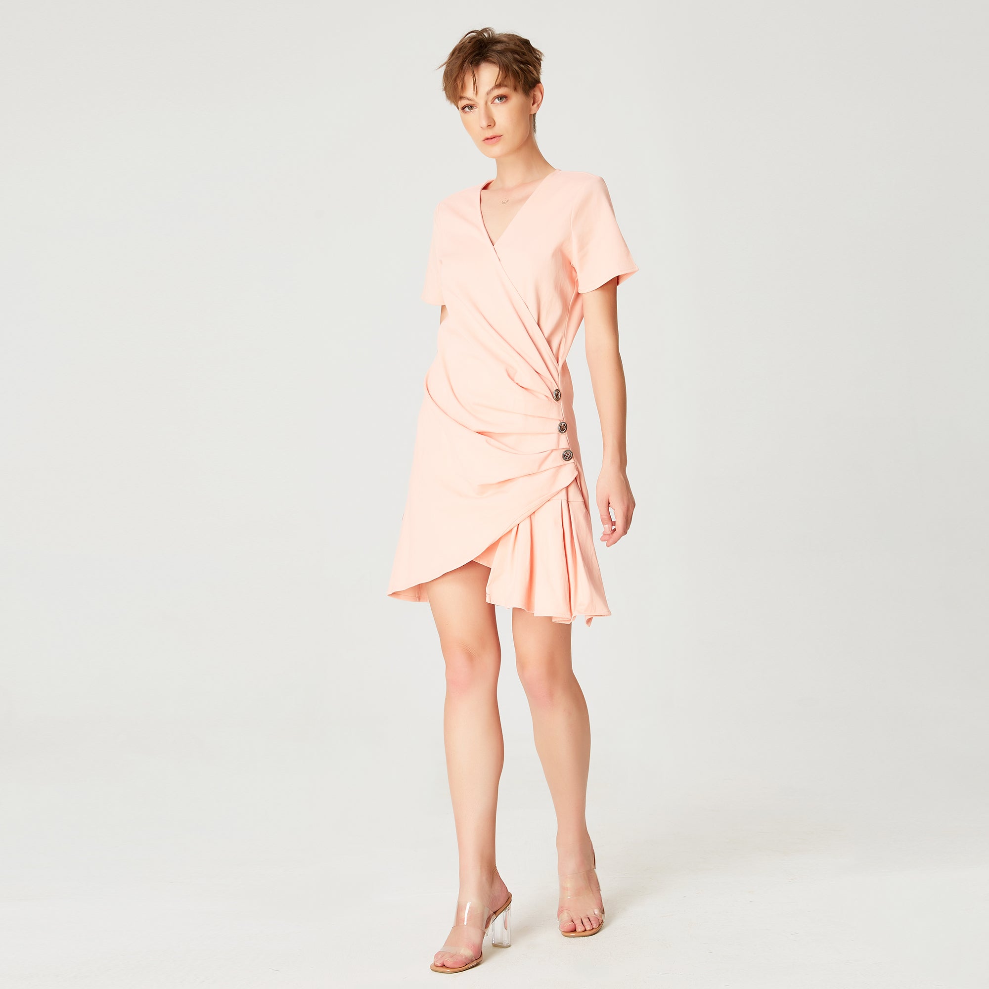 Robe courte asymétrique drapée en popeline