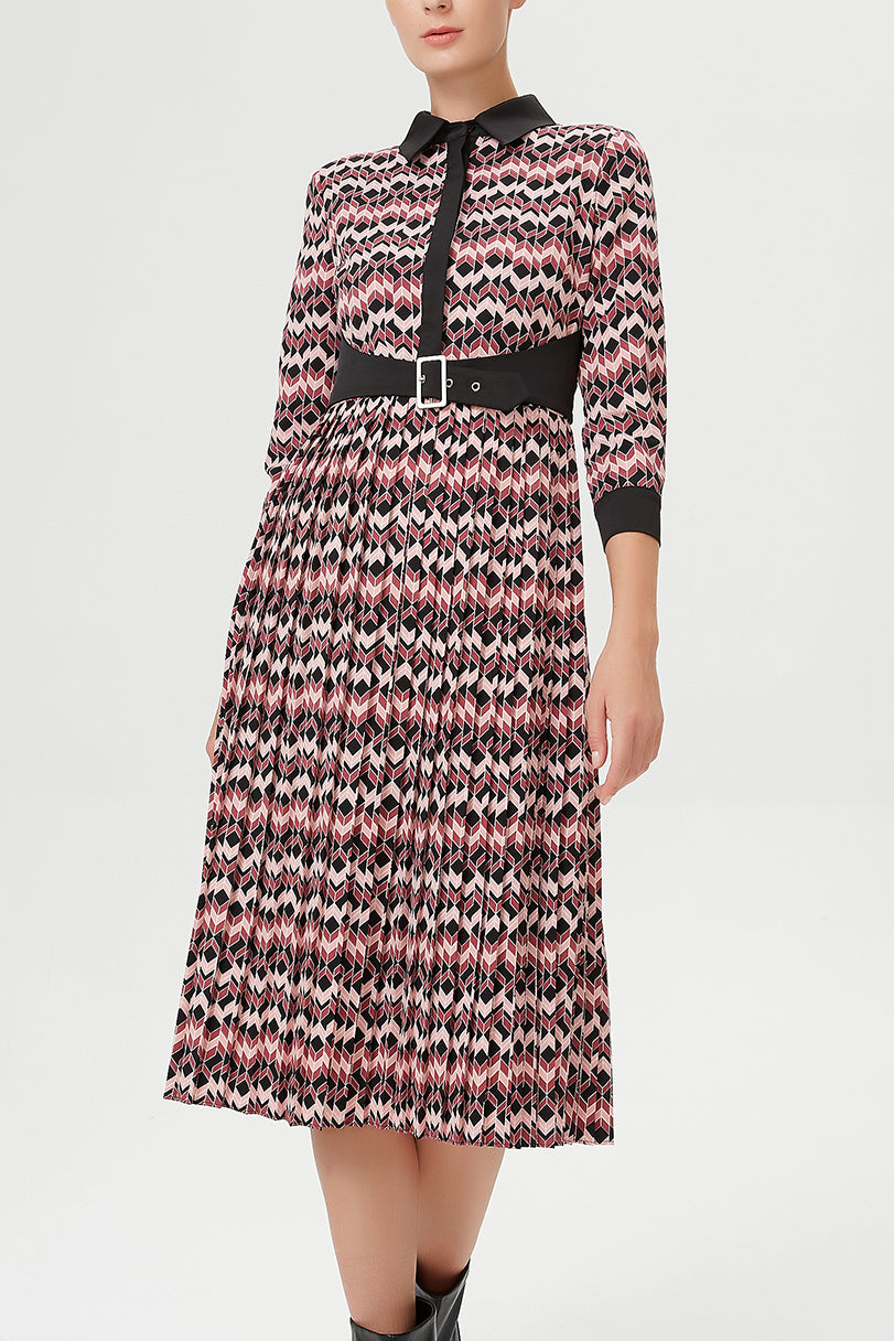 Robe chemise plissée bi-matières à ceinture appliquée et à imprimé géométrique