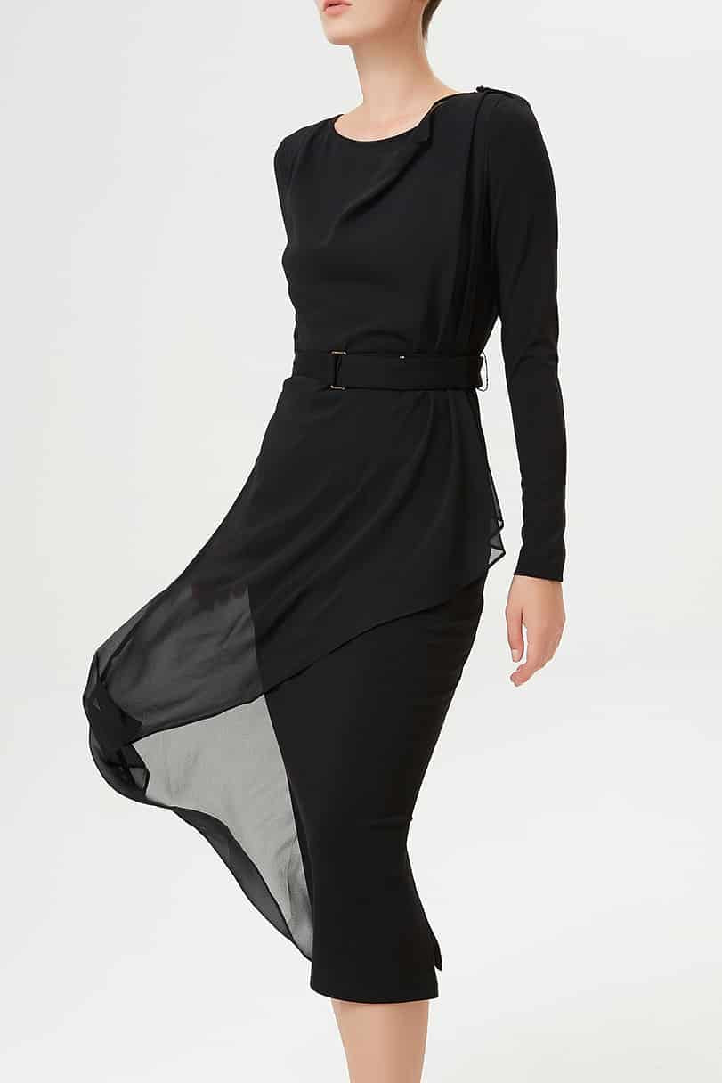 Robe asymétrique ajustée en mousseline et jersey