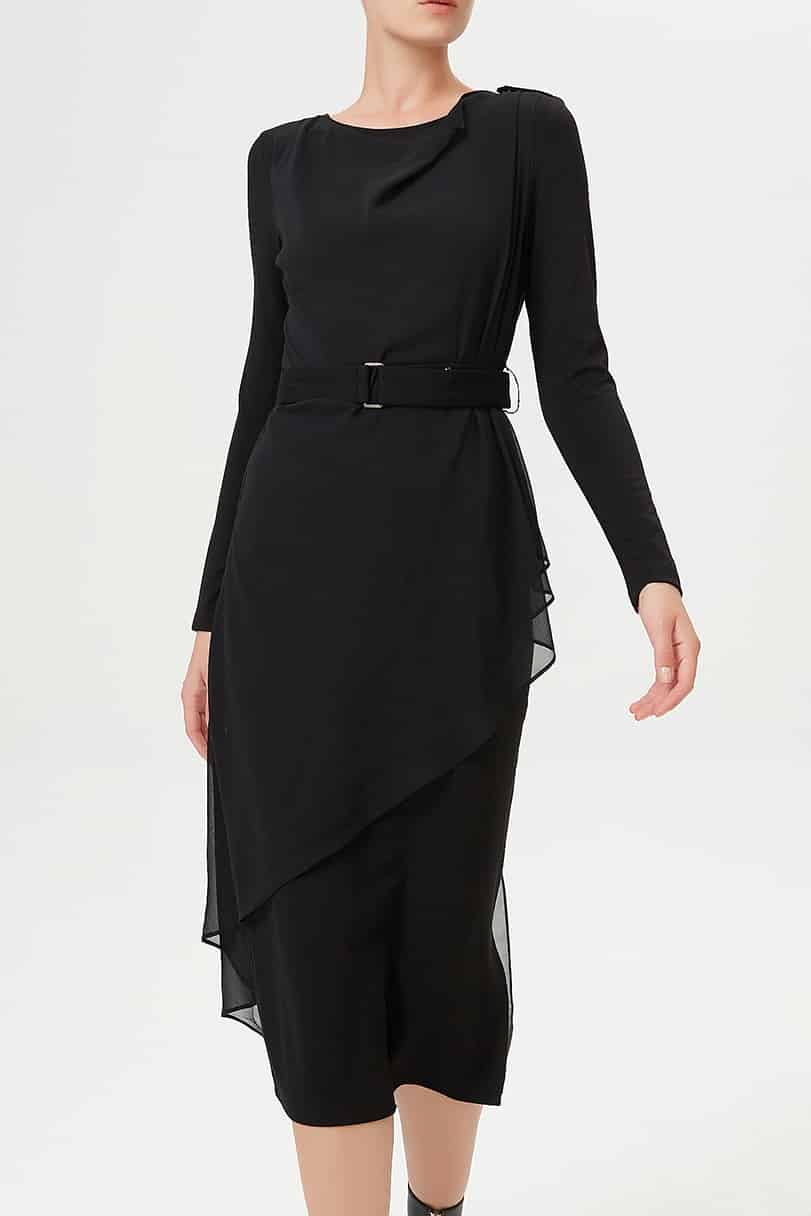Robe asymétrique ajustée en mousseline et jersey
