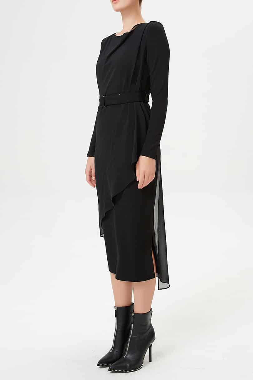 Robe asymétrique ajustée en mousseline et jersey