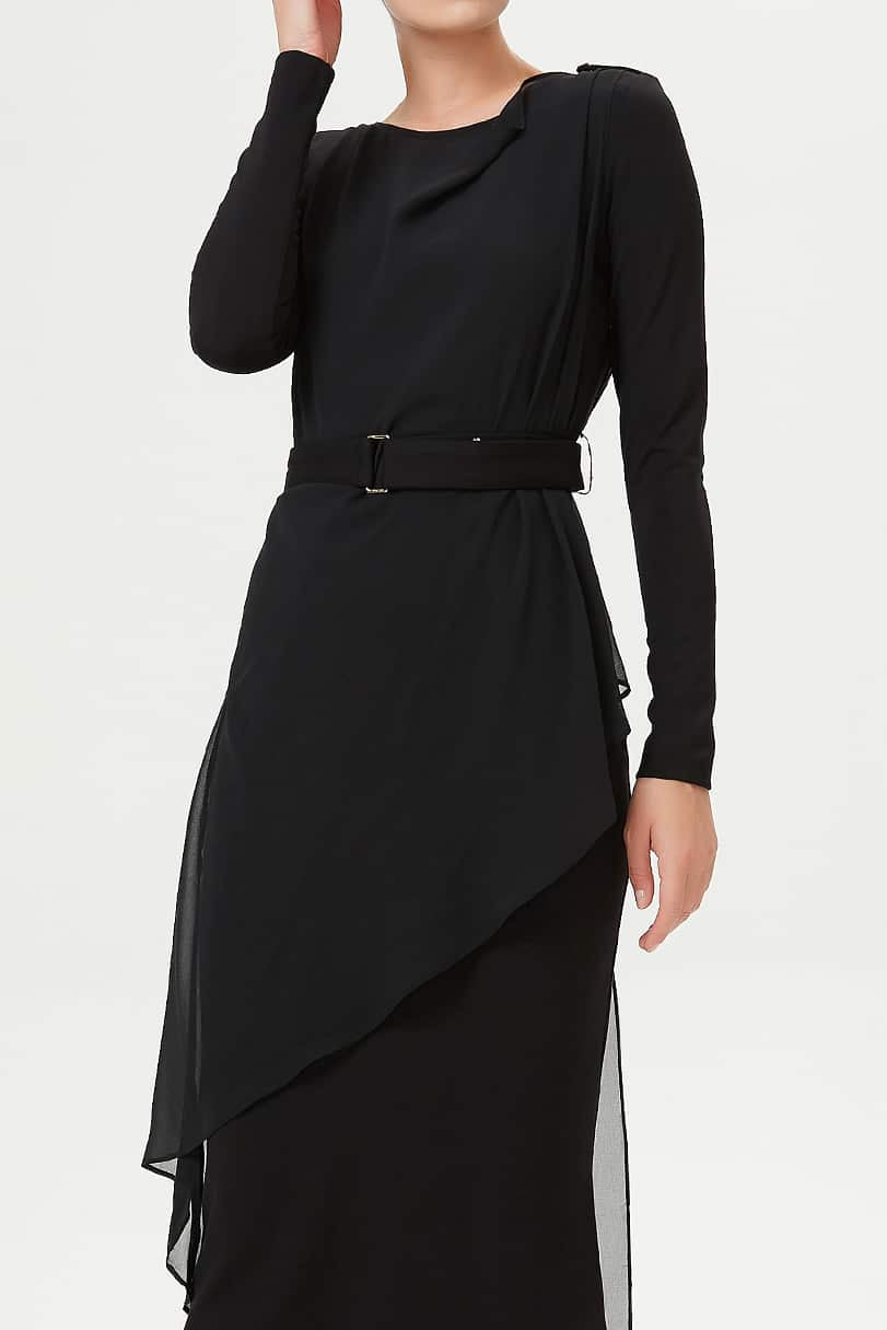 Robe asymétrique ajustée en mousseline et jersey