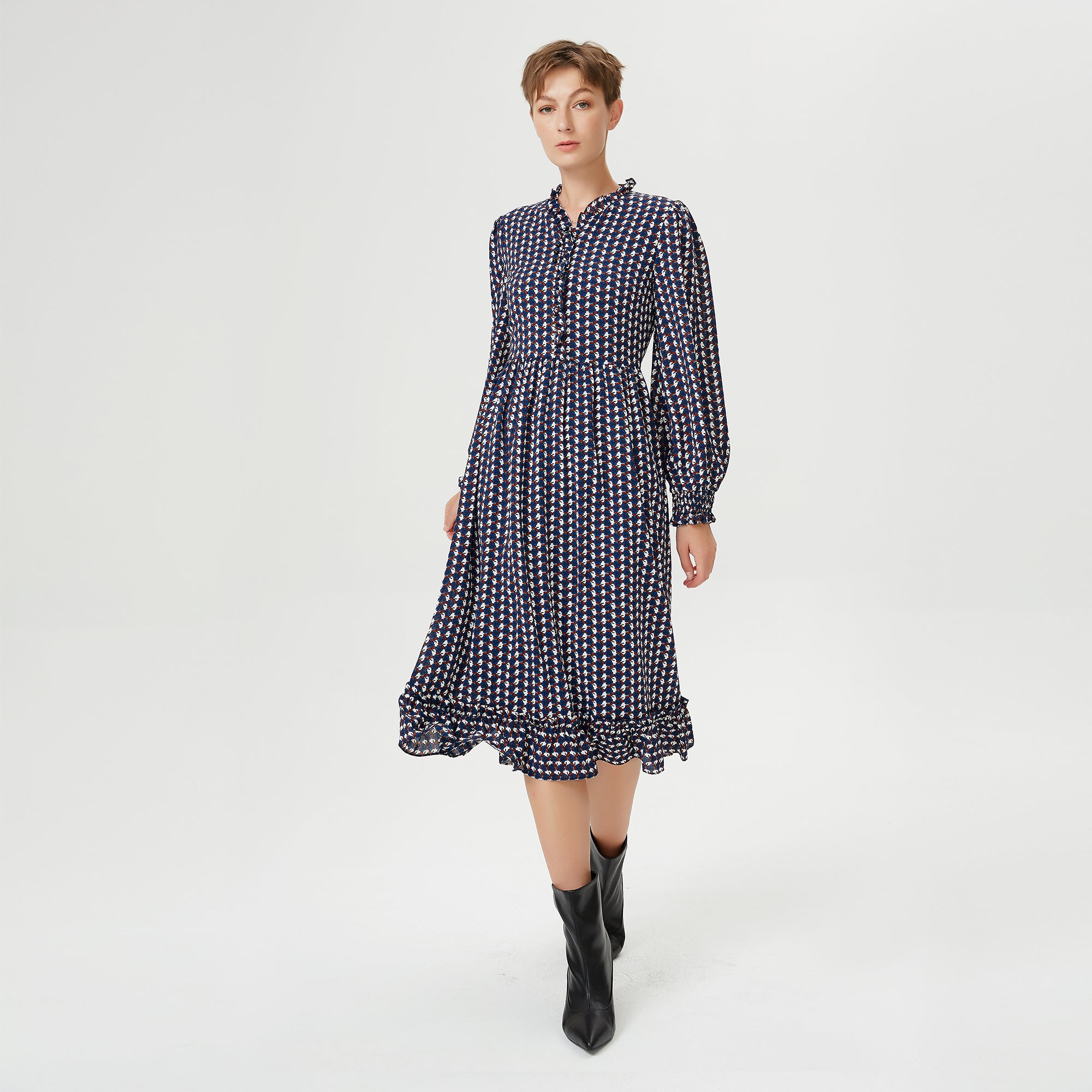 Robe-blouse à volants et imprimé géométrique rétro