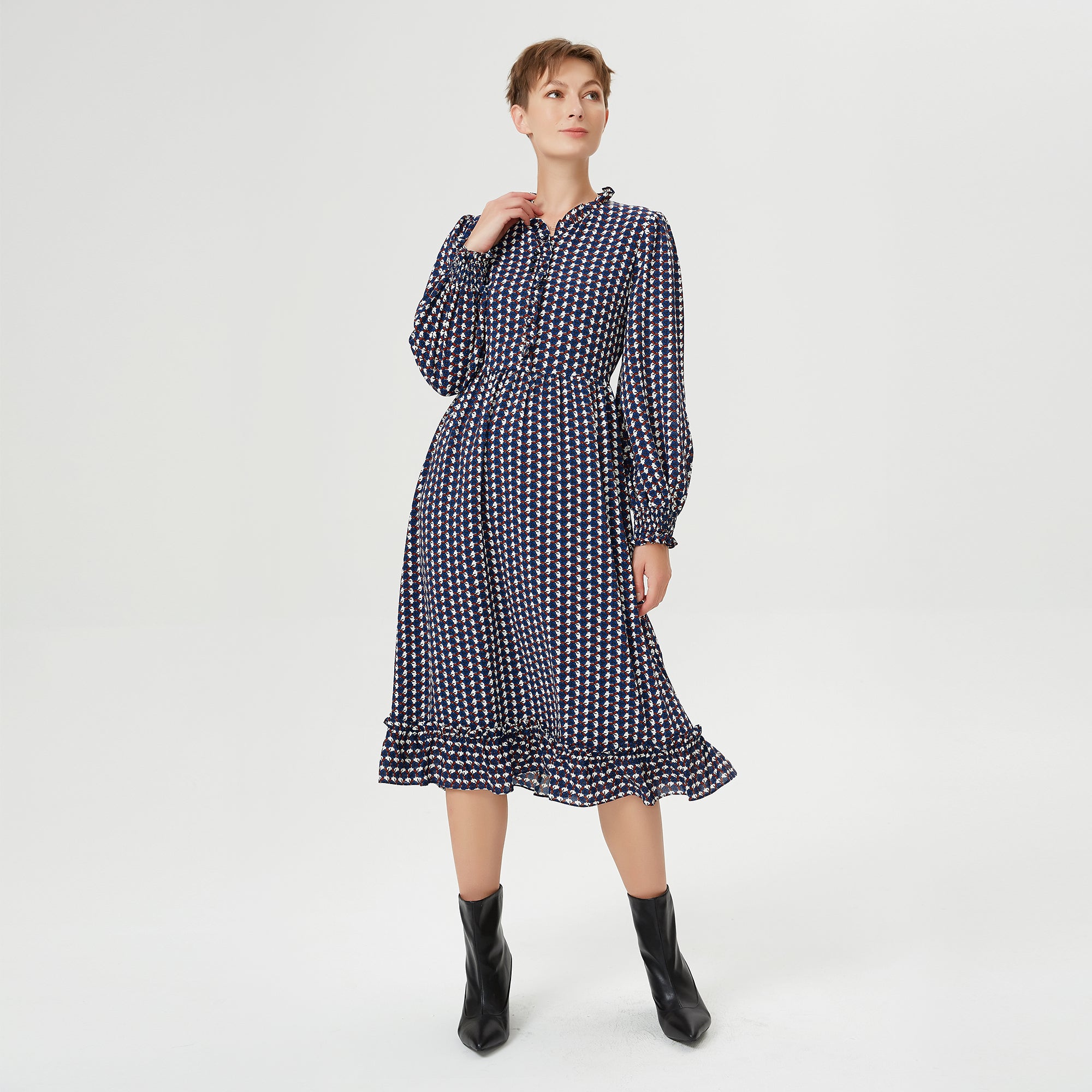 Robe-blouse à volants et imprimé géométrique rétro
