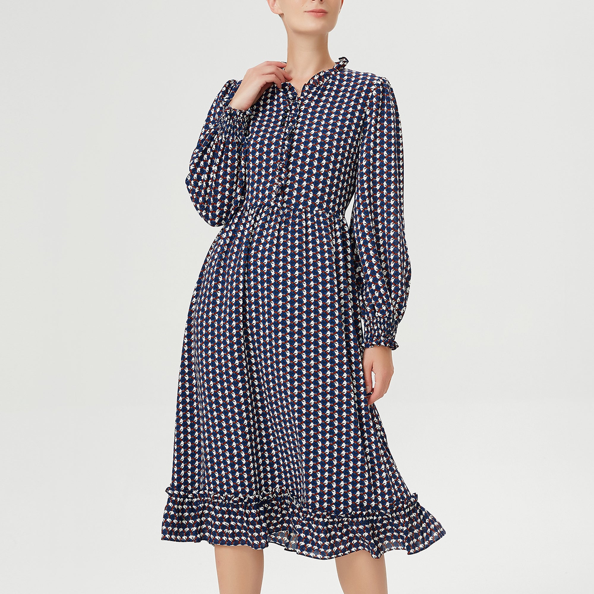 Robe-blouse à volants et imprimé géométrique rétro