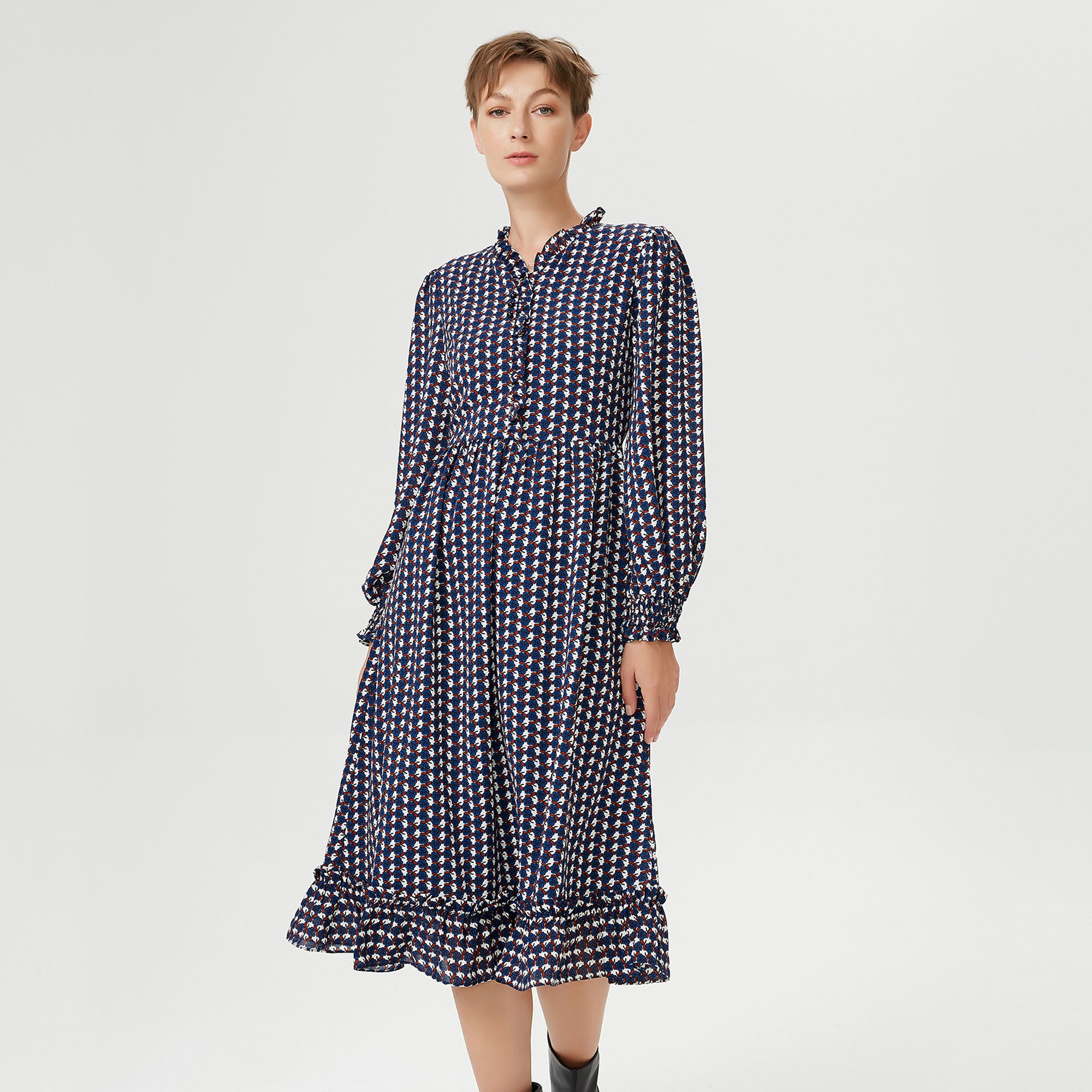 Robe-blouse à volants et imprimé géométrique rétro