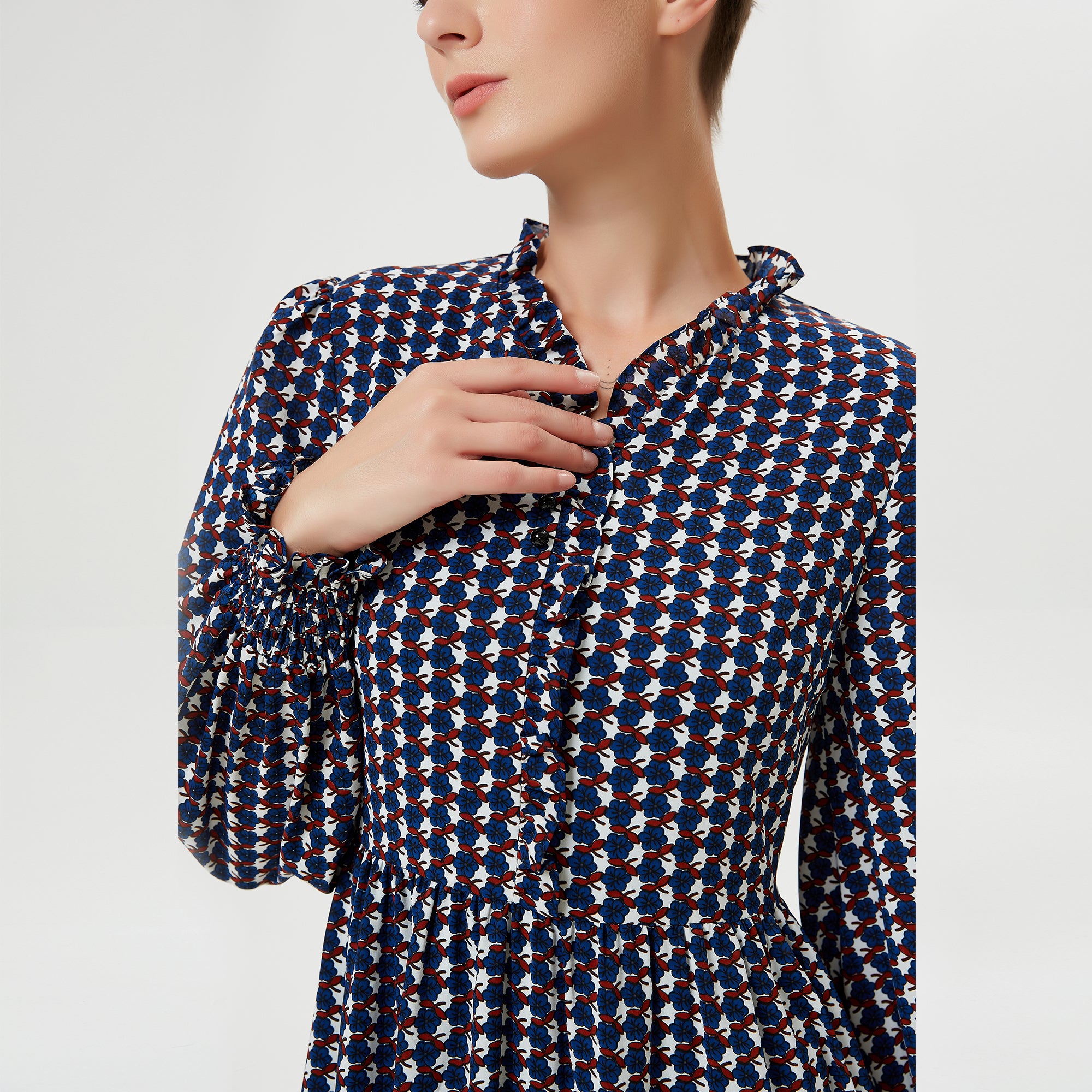 Robe-blouse à volants et imprimé géométrique rétro