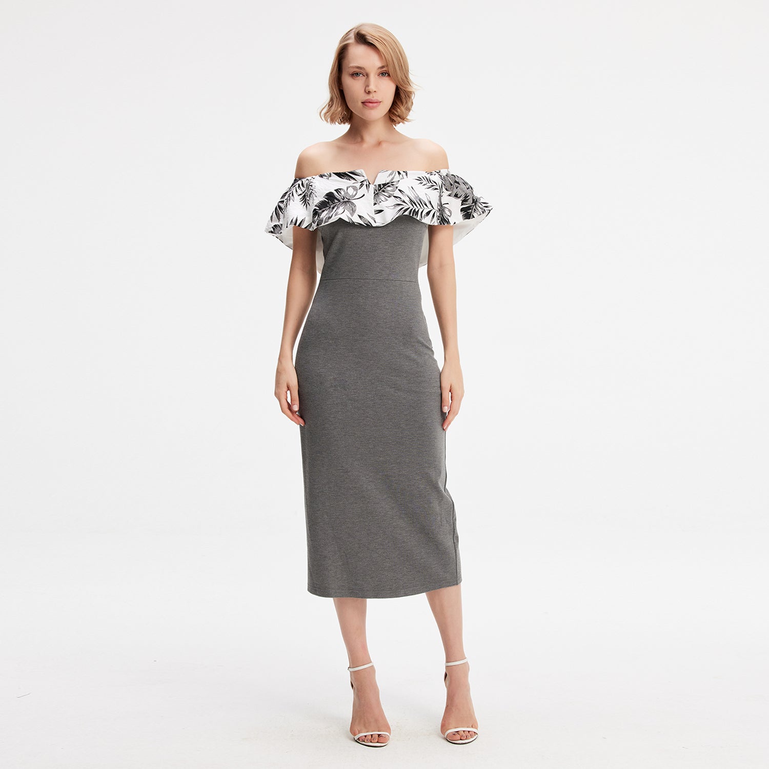 Robe bi-matières ajustée à large volant « bardot »