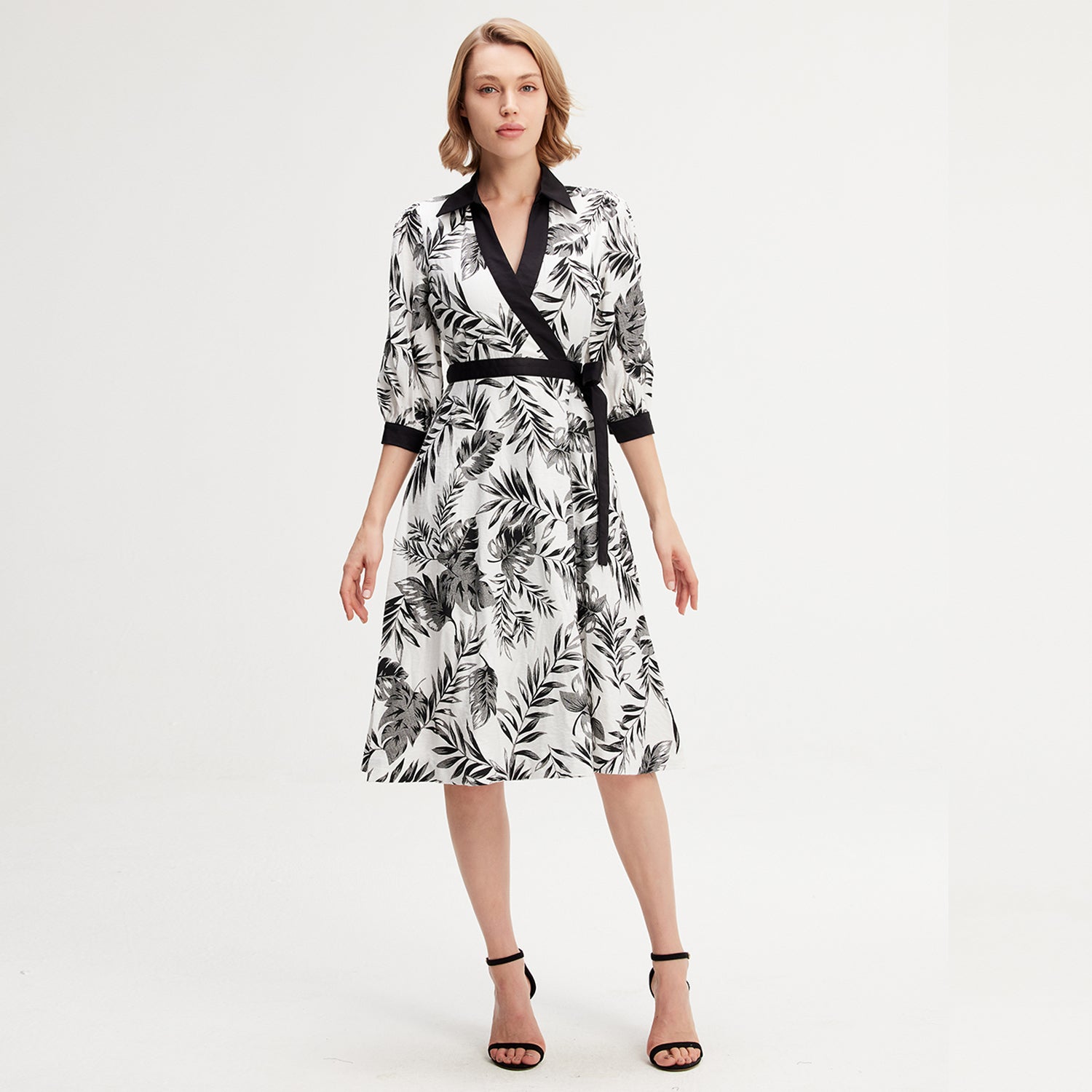 Robe portefeuille bi-matières à imprimé tropical en viscose