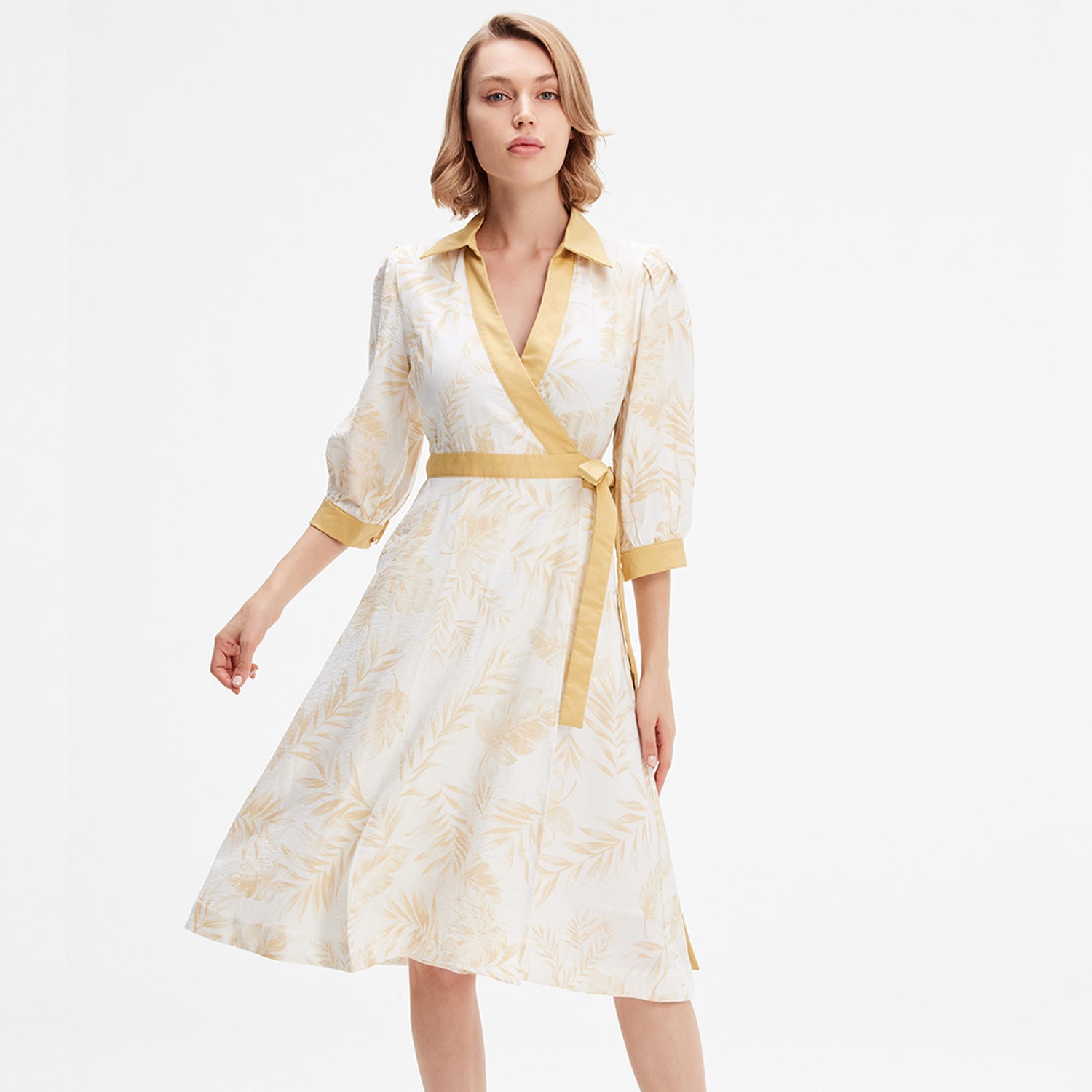Robe portefeuille bi-matières à imprimé tropical en viscose