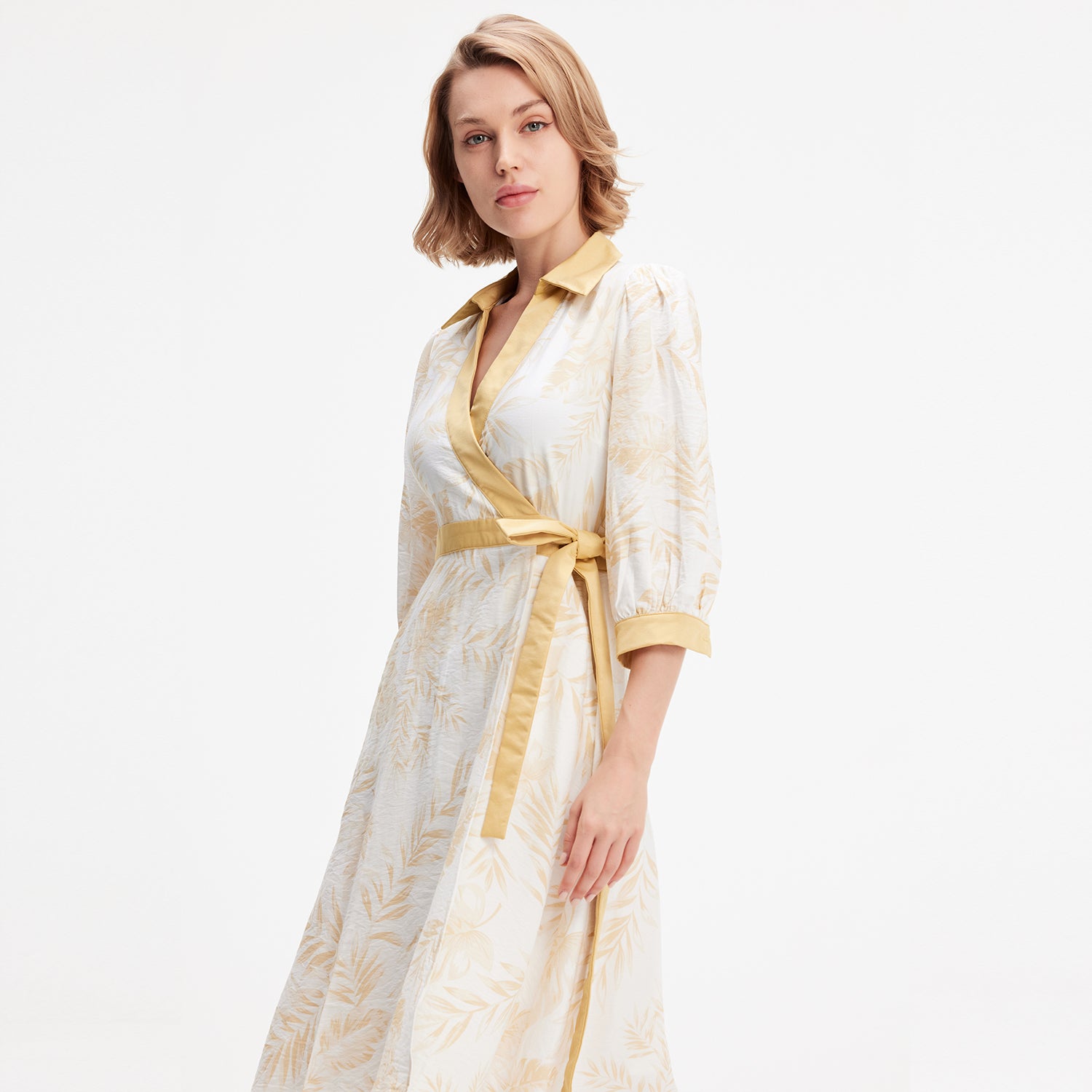 Robe portefeuille bi-matières à imprimé tropical en viscose
