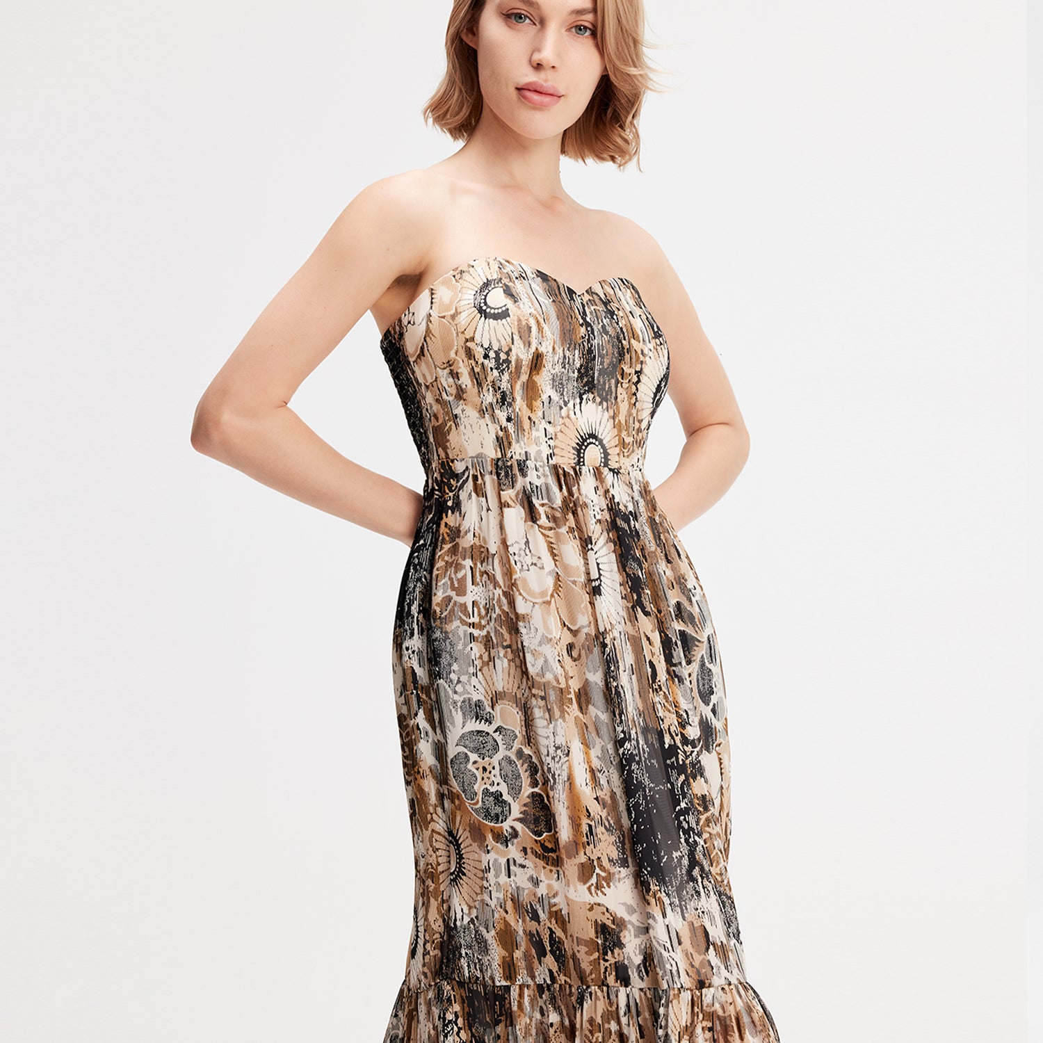 Robe bustier en mousseline imprimé fleuri abstrait