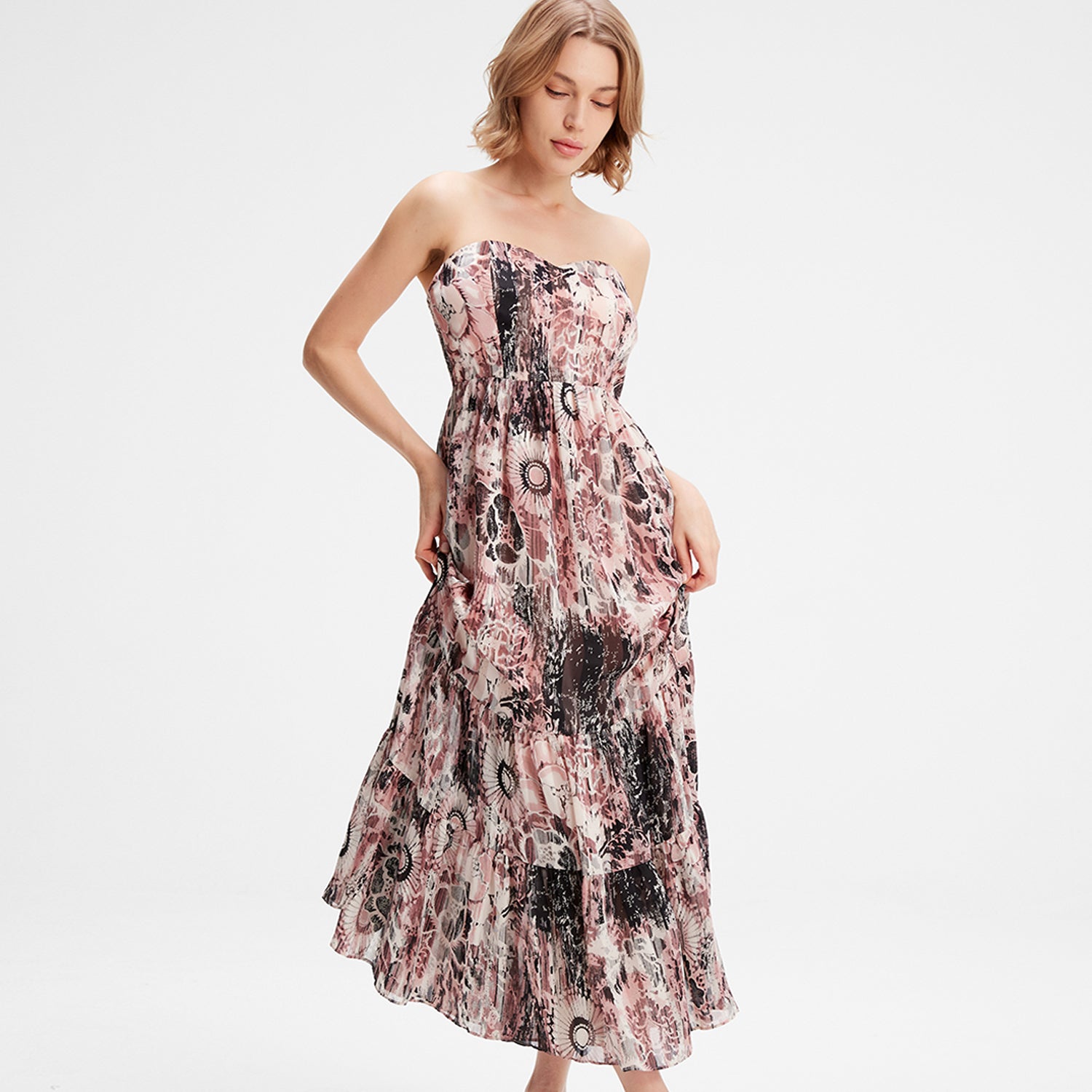 Robe bustier en mousseline imprimé fleuri abstrait