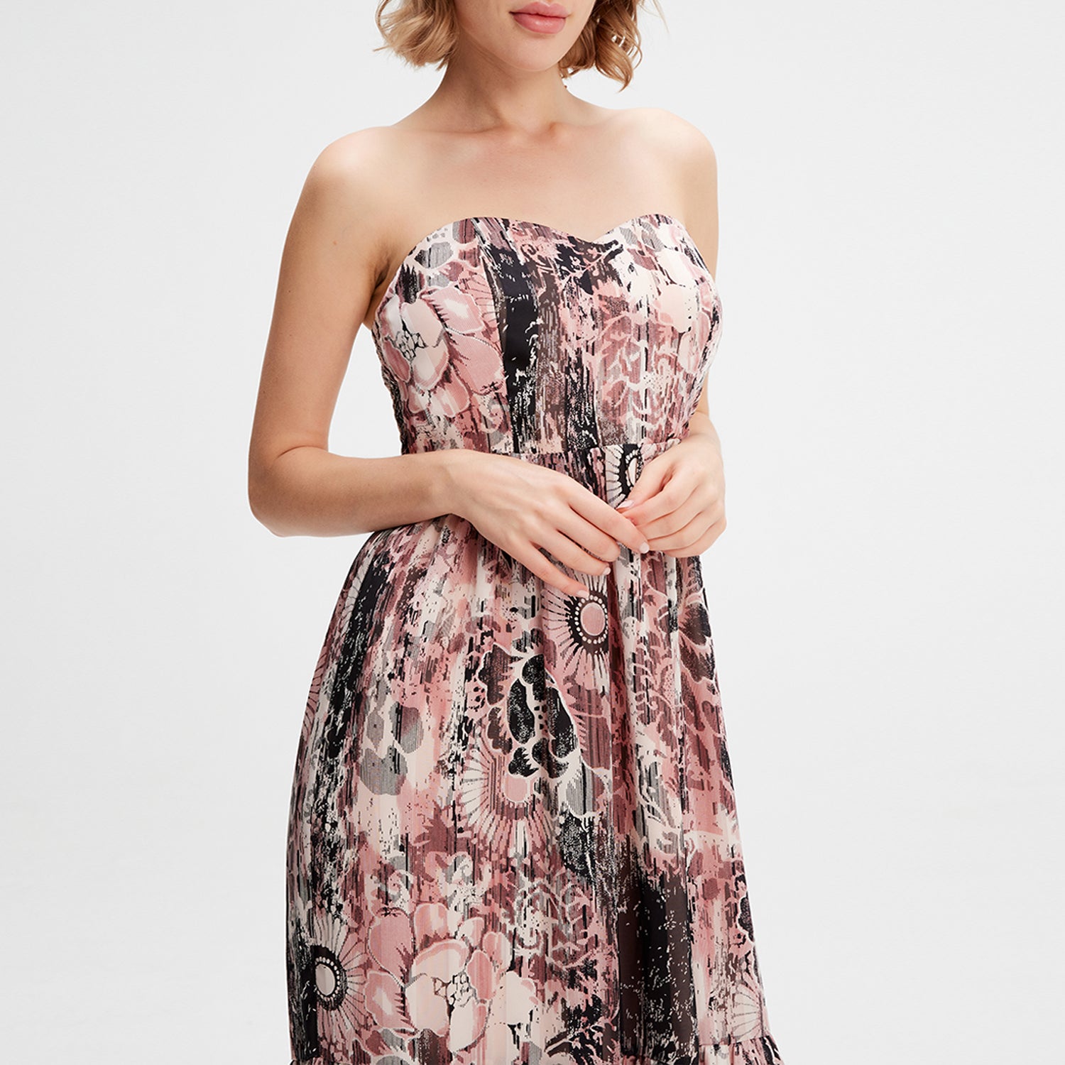 Robe bustier en mousseline imprimé fleuri abstrait