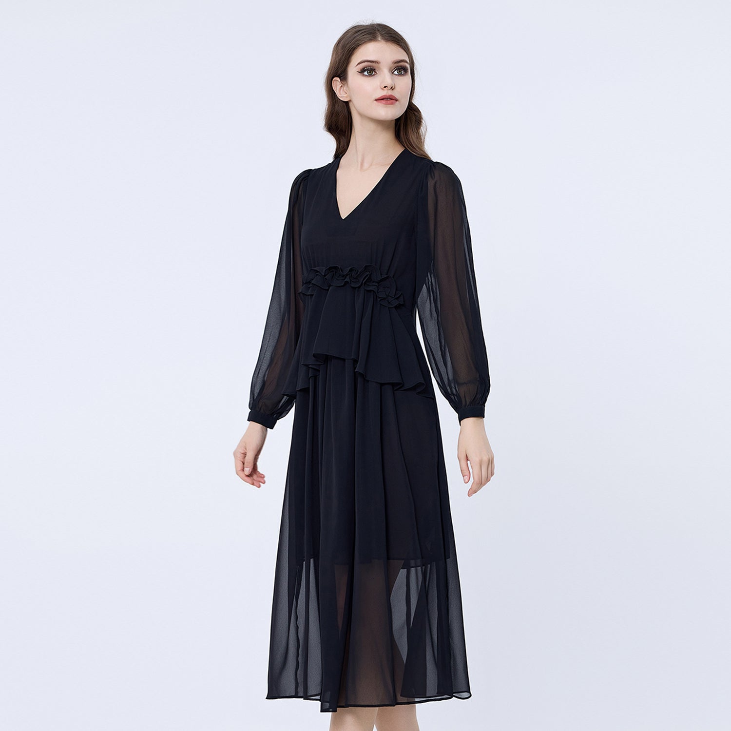 Robe longue mousseline à volants