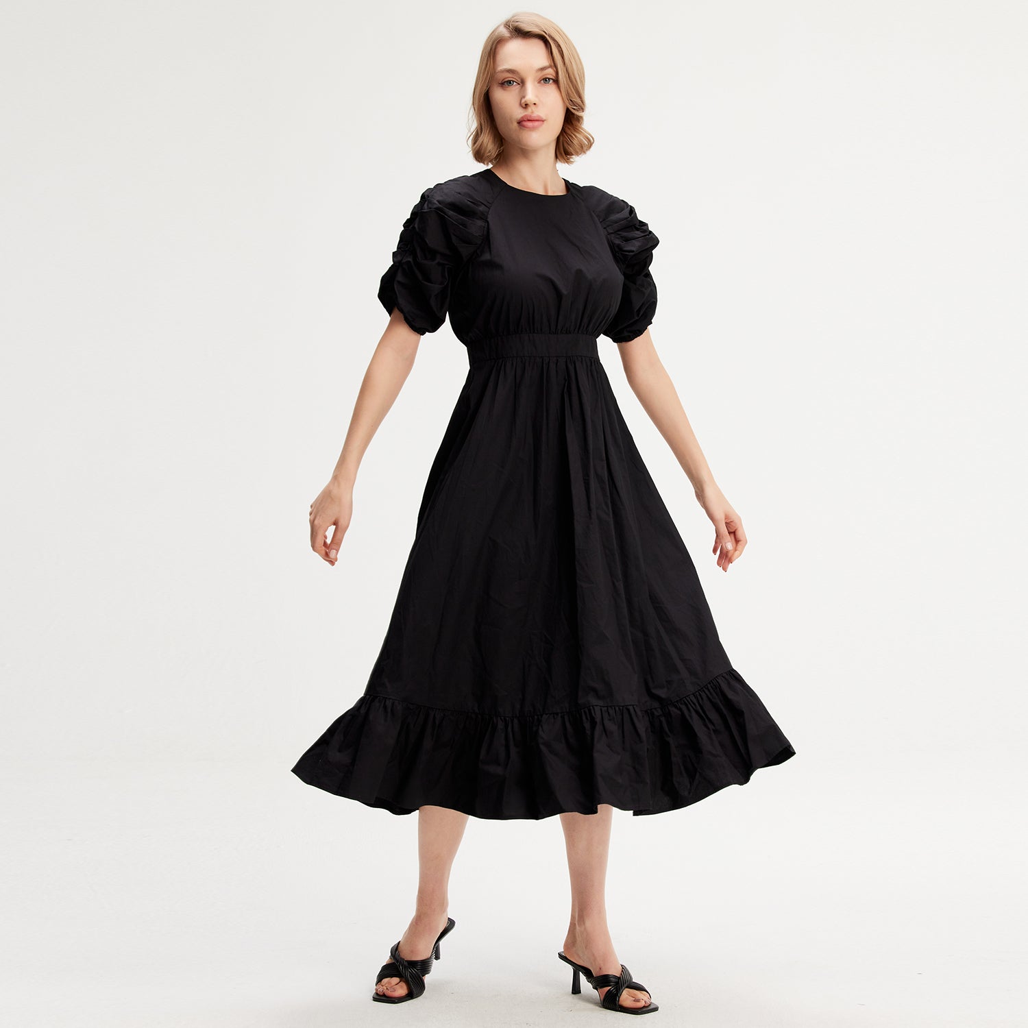 Robe trapèze à manches bouffantes en coton