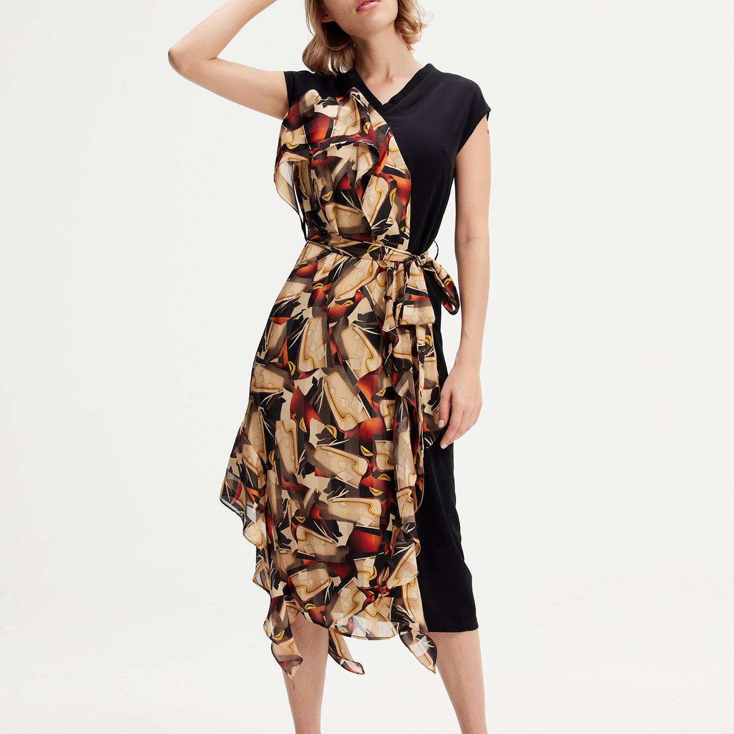 Robe assymétrique à bi-matière imprimé graphique
