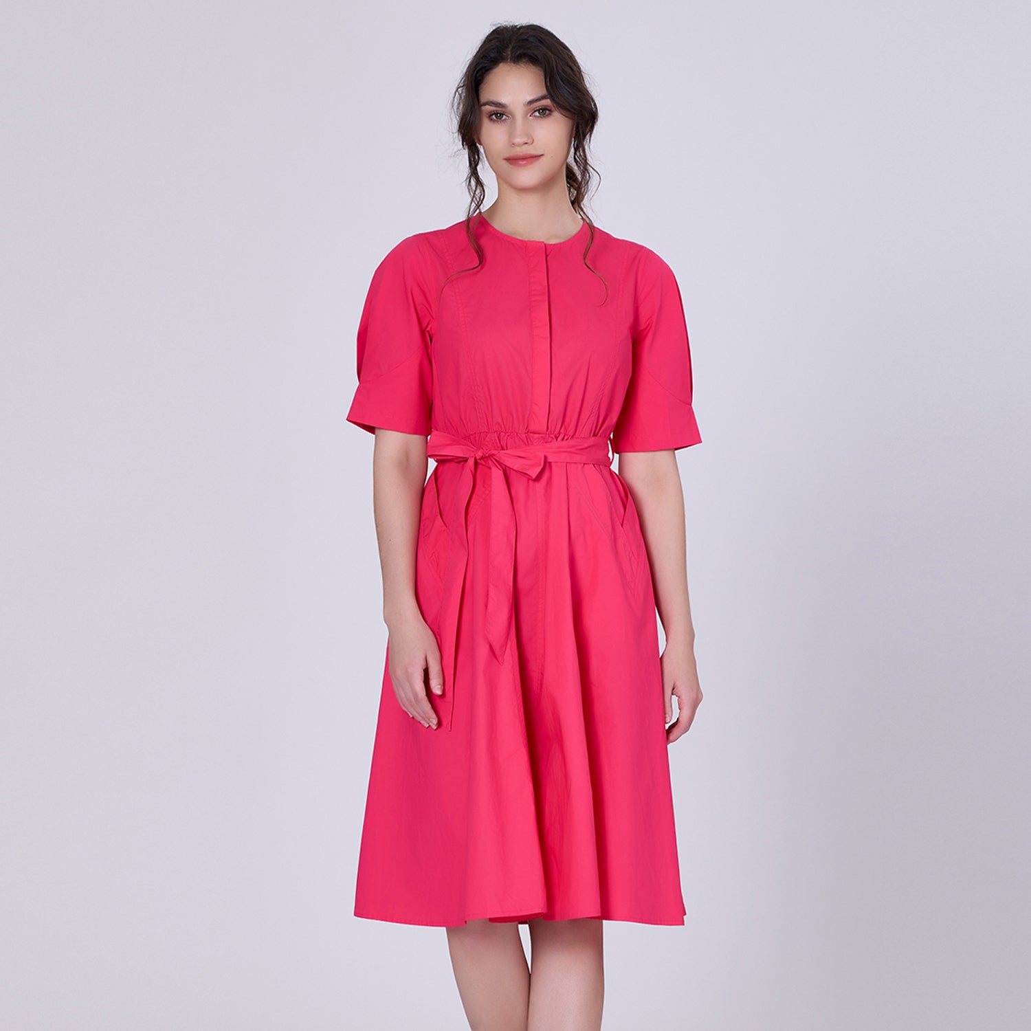 Robe-chemise en coton évasée et manches ballon