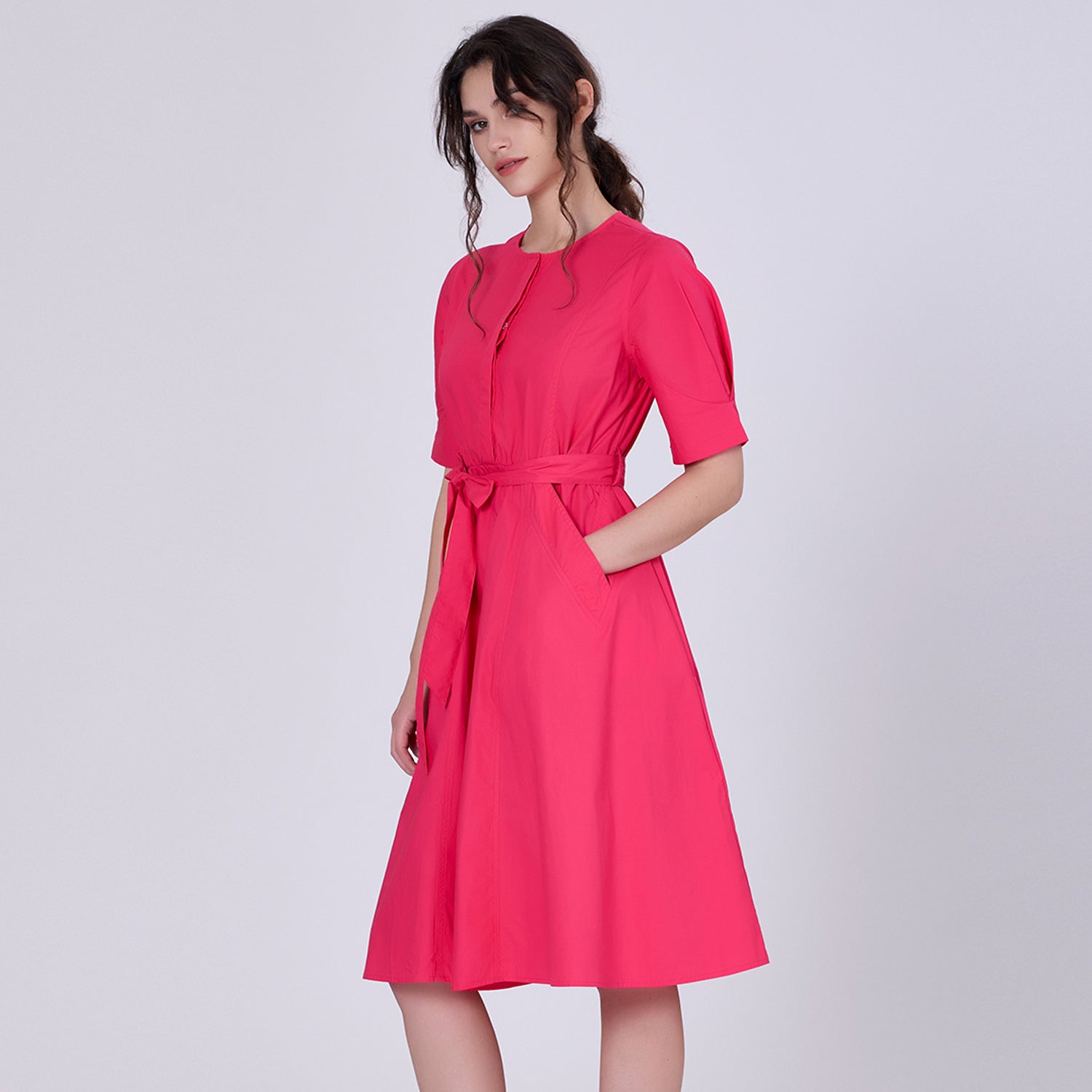 Robe-chemise en coton évasée et manches ballon
