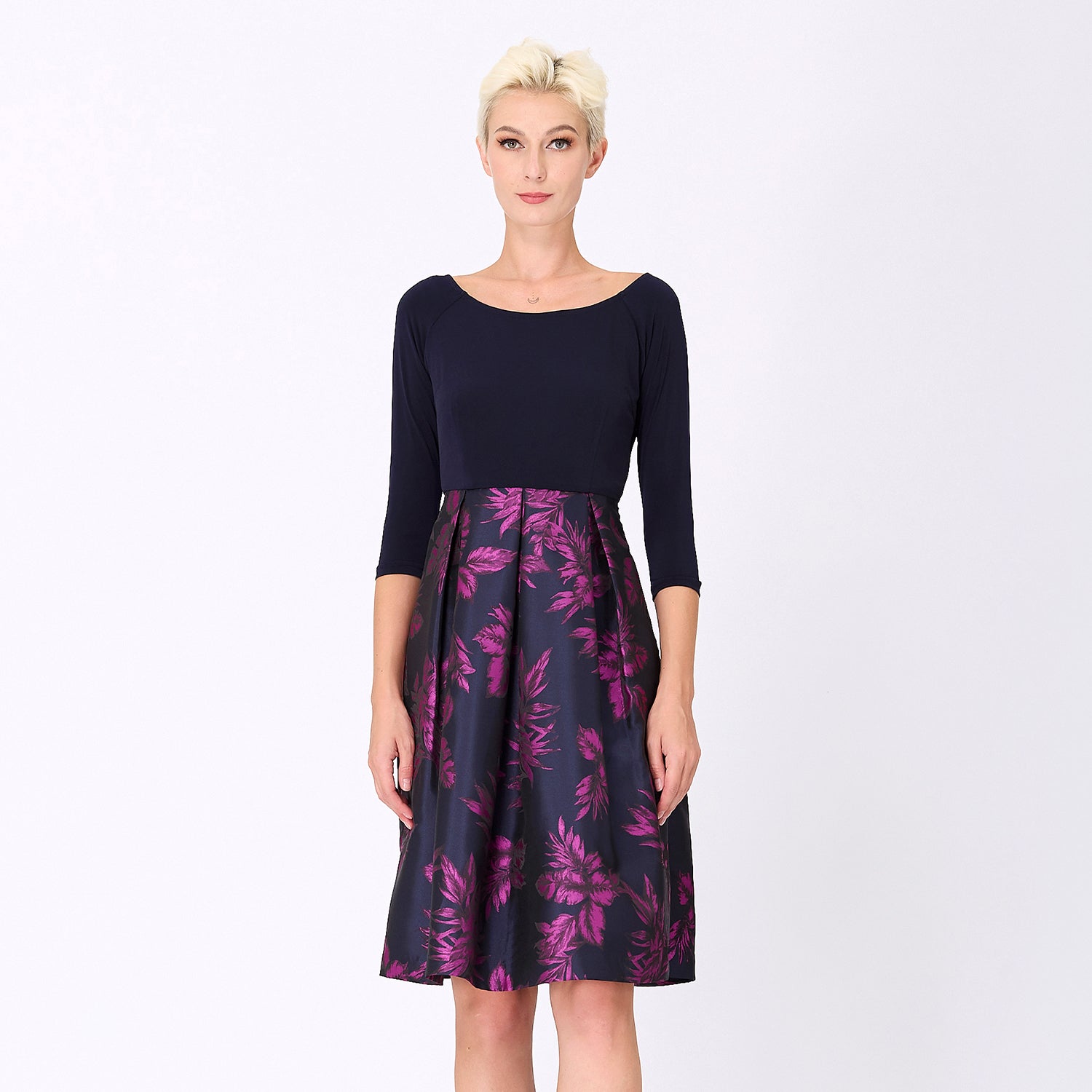 Robe bi-matière à brocart à motif floral