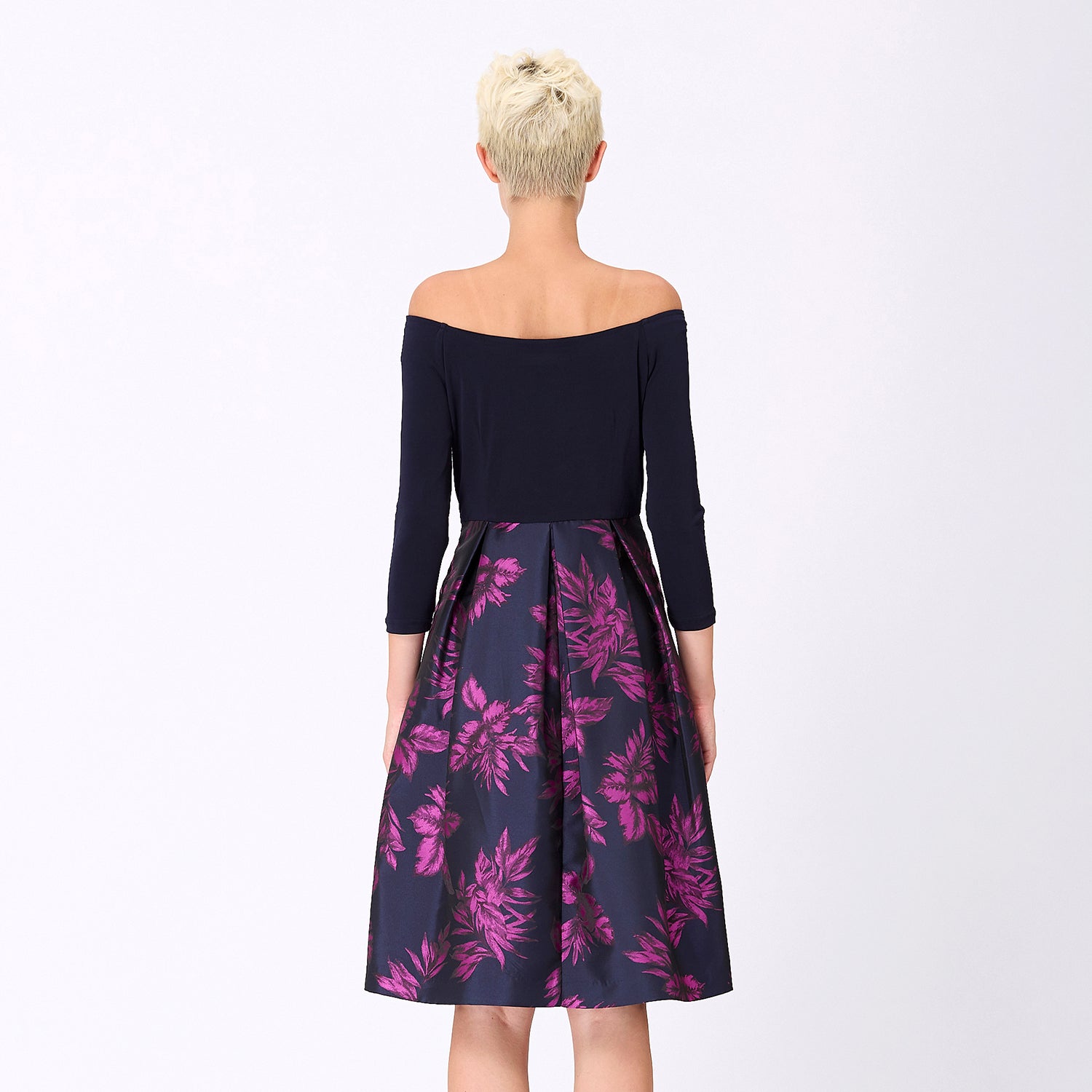 Robe bi-matière à brocart à motif floral