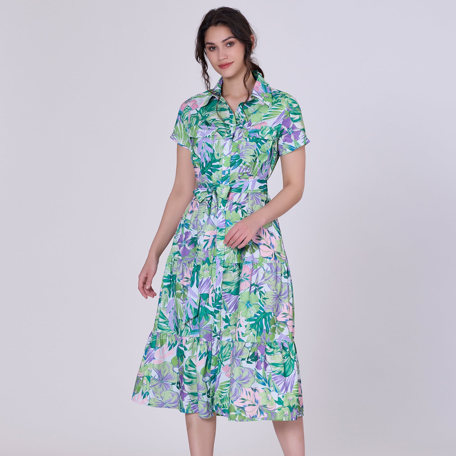 Robe-chemise midi au motif tropical