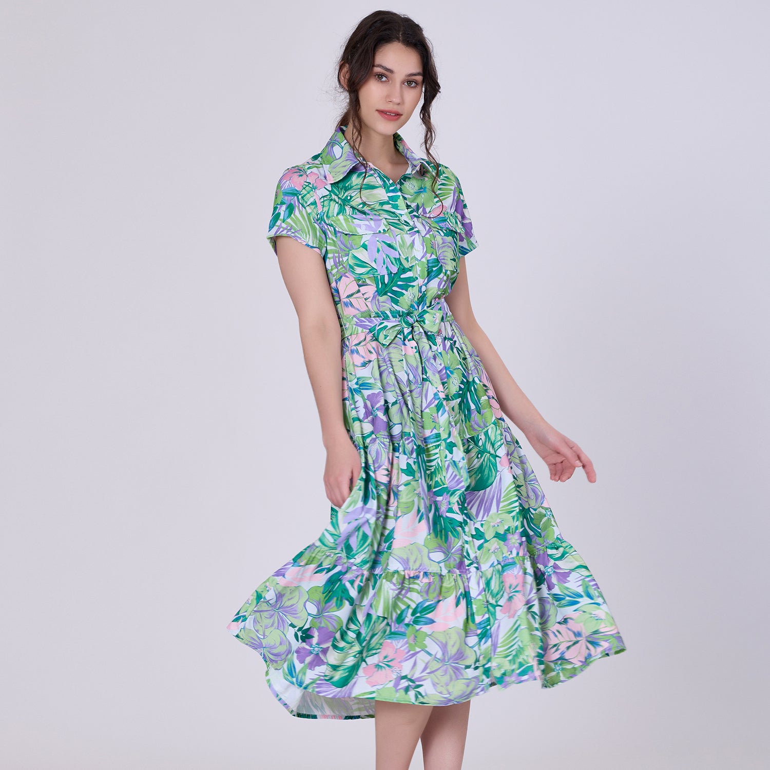 Robe-chemise midi au motif tropical