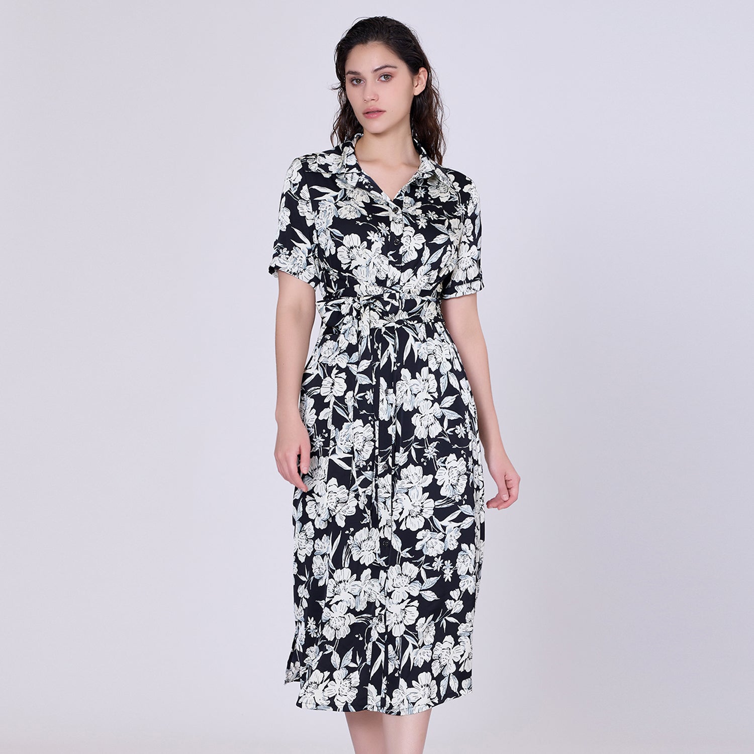 Robe-chemise midi à imprimé floral macro