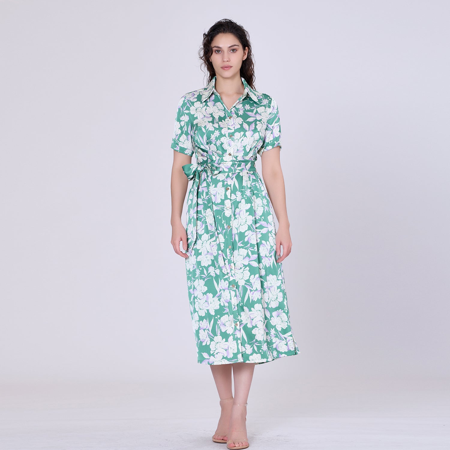 Robe-chemise midi à imprimé floral macro