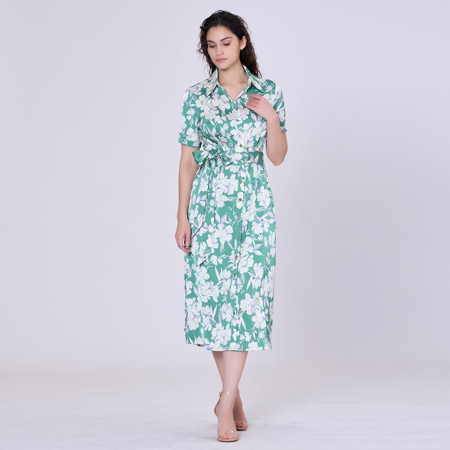 Robe-chemise midi à imprimé floral macro