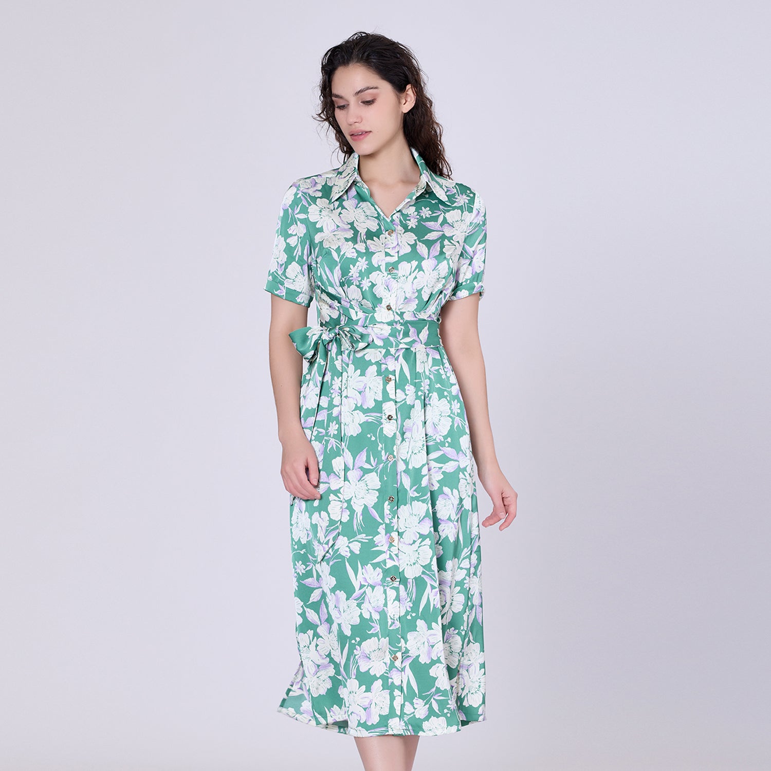 Robe-chemise midi à imprimé floral macro