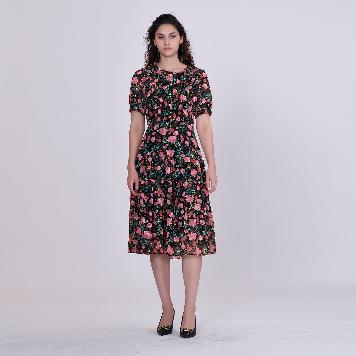 Robe florale mi-longue en mousseline