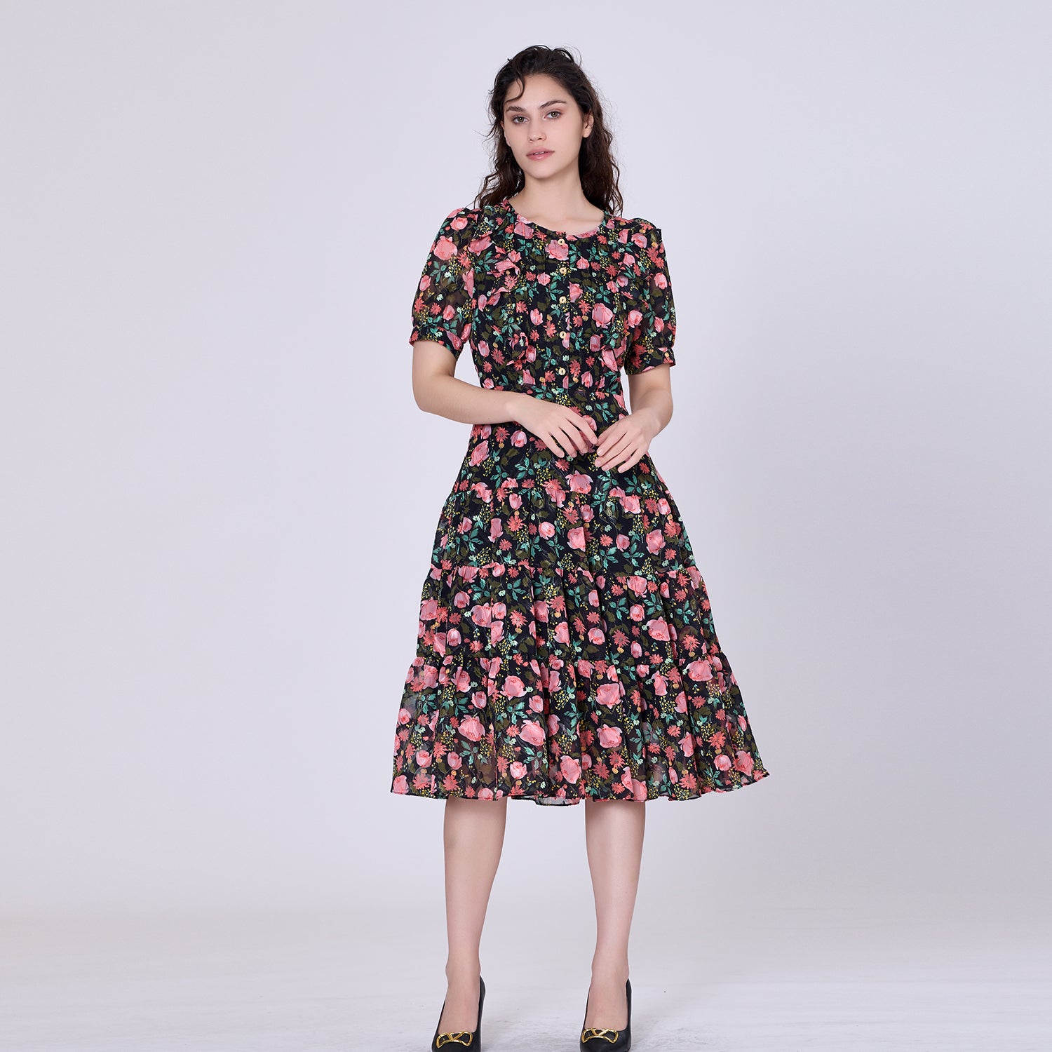 Robe florale mi-longue en mousseline