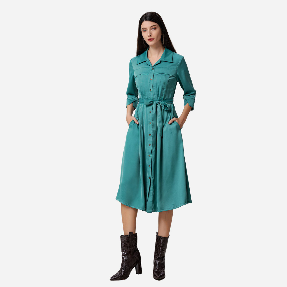 Shirt dress with stitched pleats