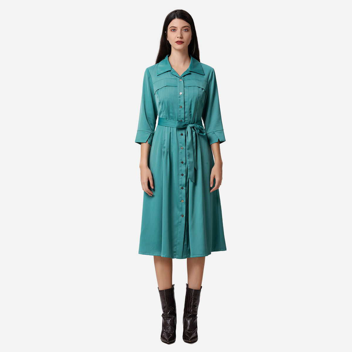 Shirt dress with stitched pleats