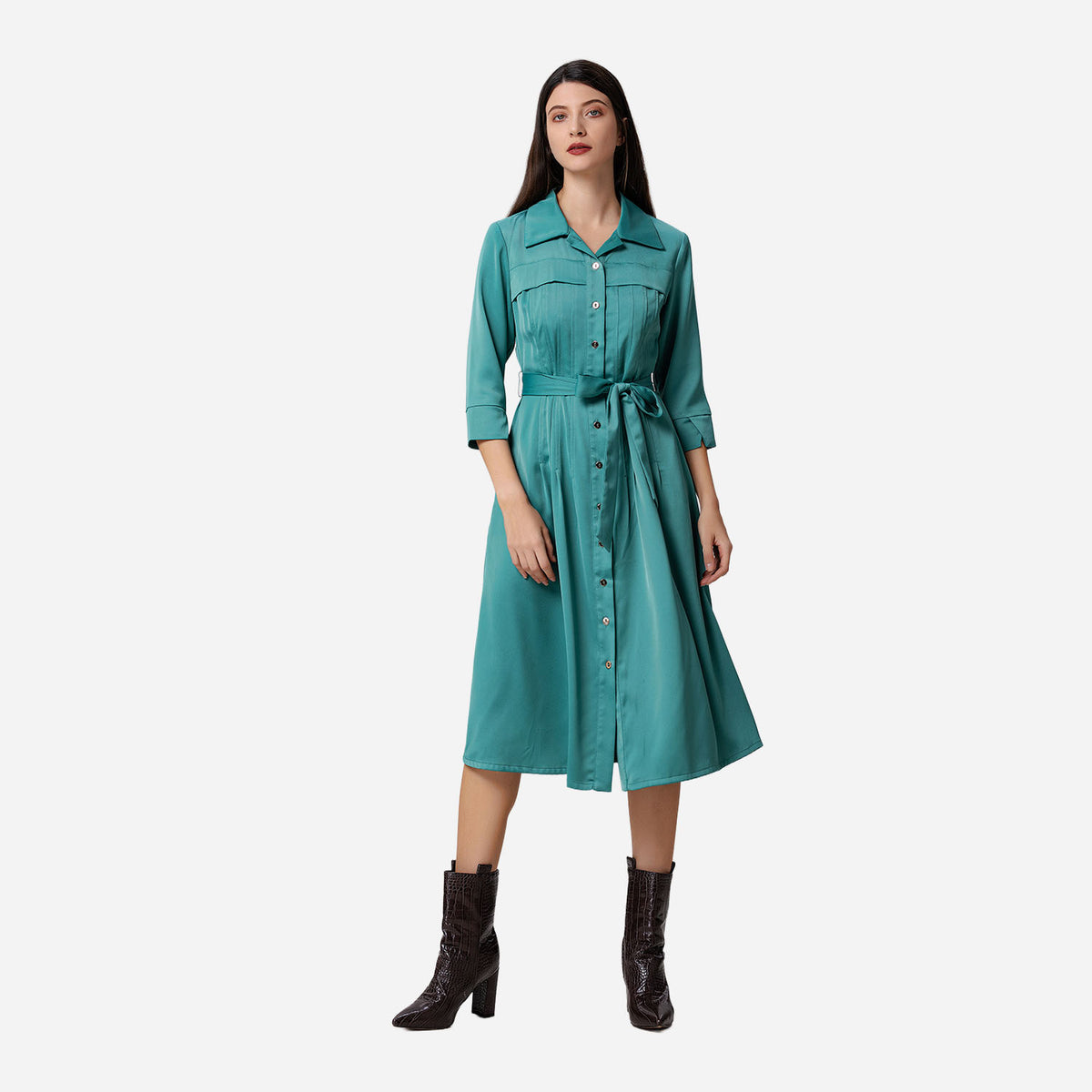 Shirt dress with stitched pleats